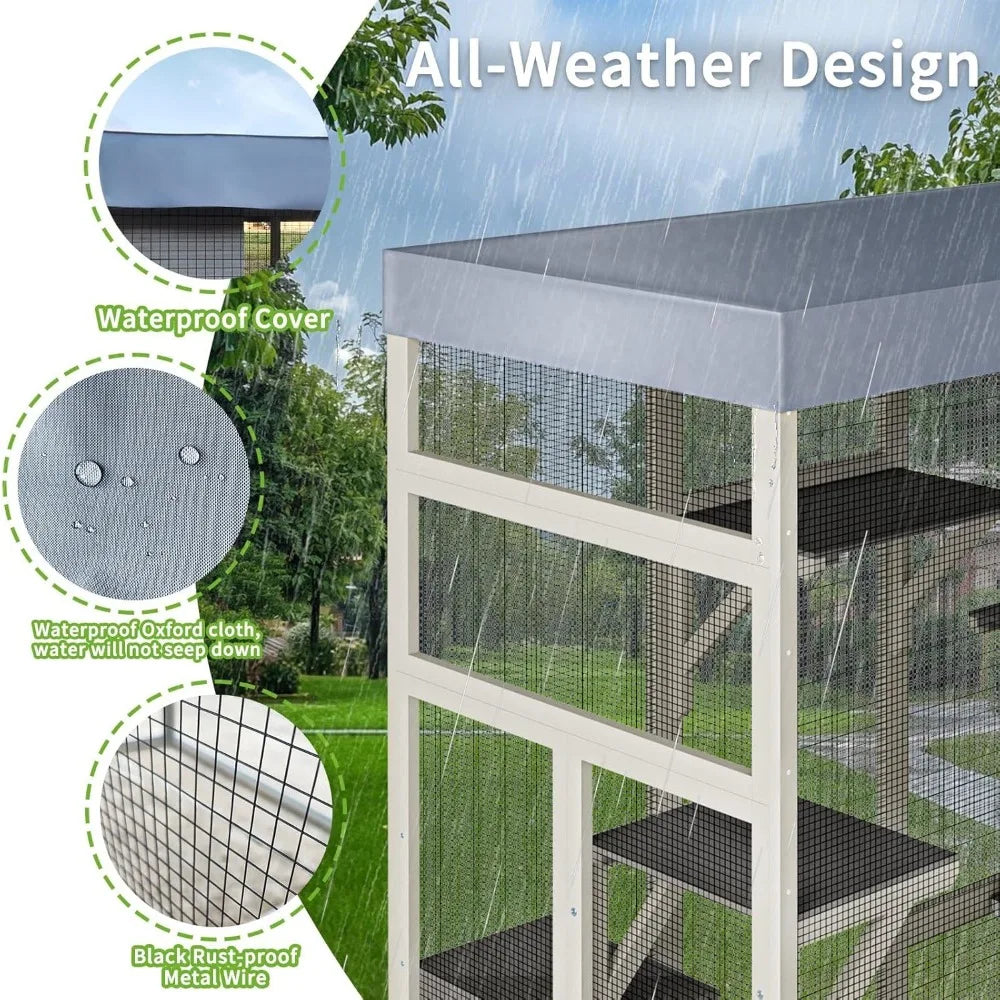 62.6" Spacious Wooden Catio Outdoor Enclosure with Waterproof Canopy, Secure House for Pets, Catio Outdoor Cat Cage Shelter, Gre