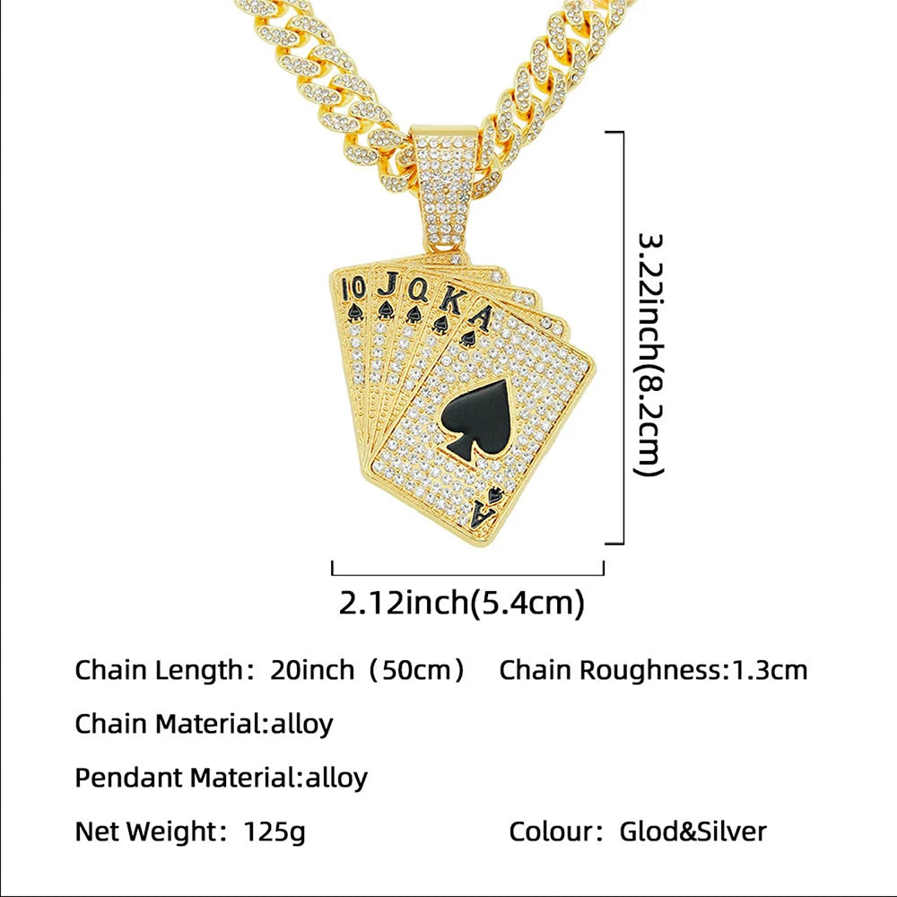 18K Gold Plated Hip Hop Iced Out Spades Playing Card Necklace Men's Personalized Street Rock Trend Jewelry