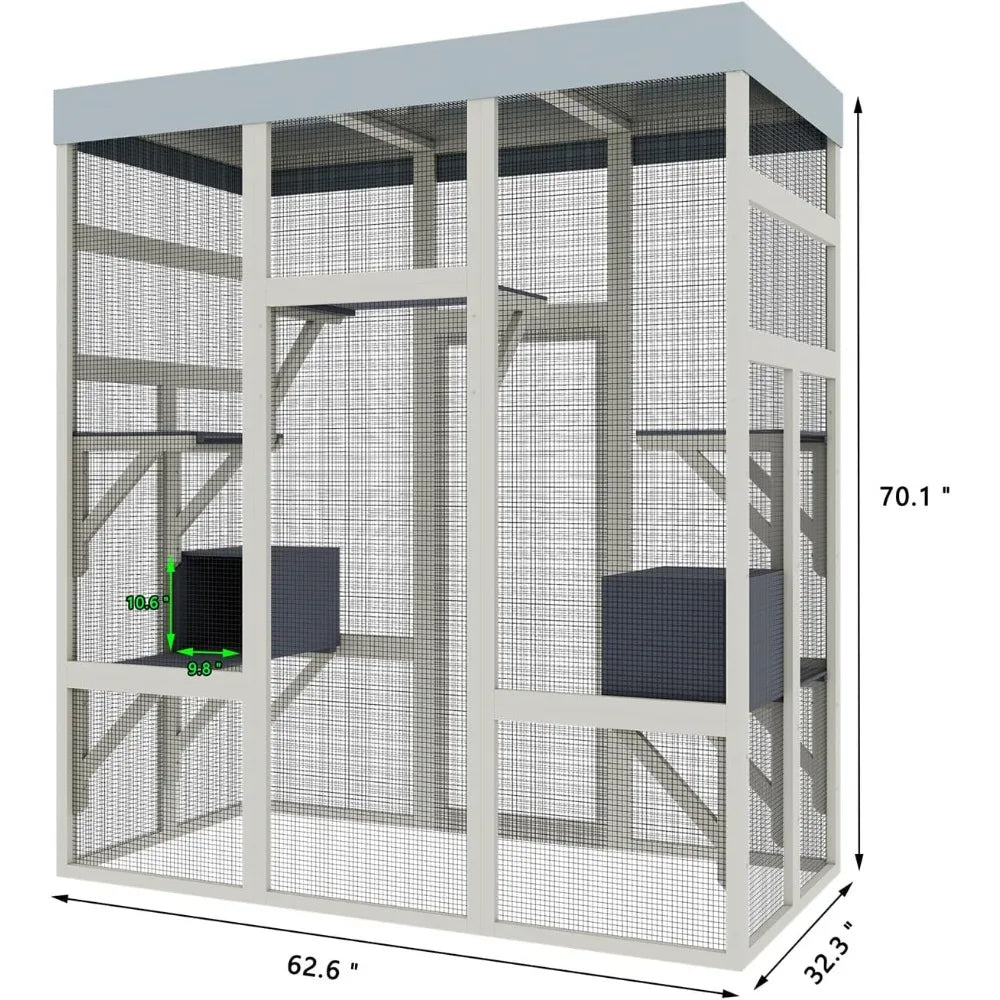 62.6" Spacious Wooden Catio Outdoor Enclosure with Waterproof Canopy, Secure House for Pets, Catio Outdoor Cat Cage Shelter, Gre