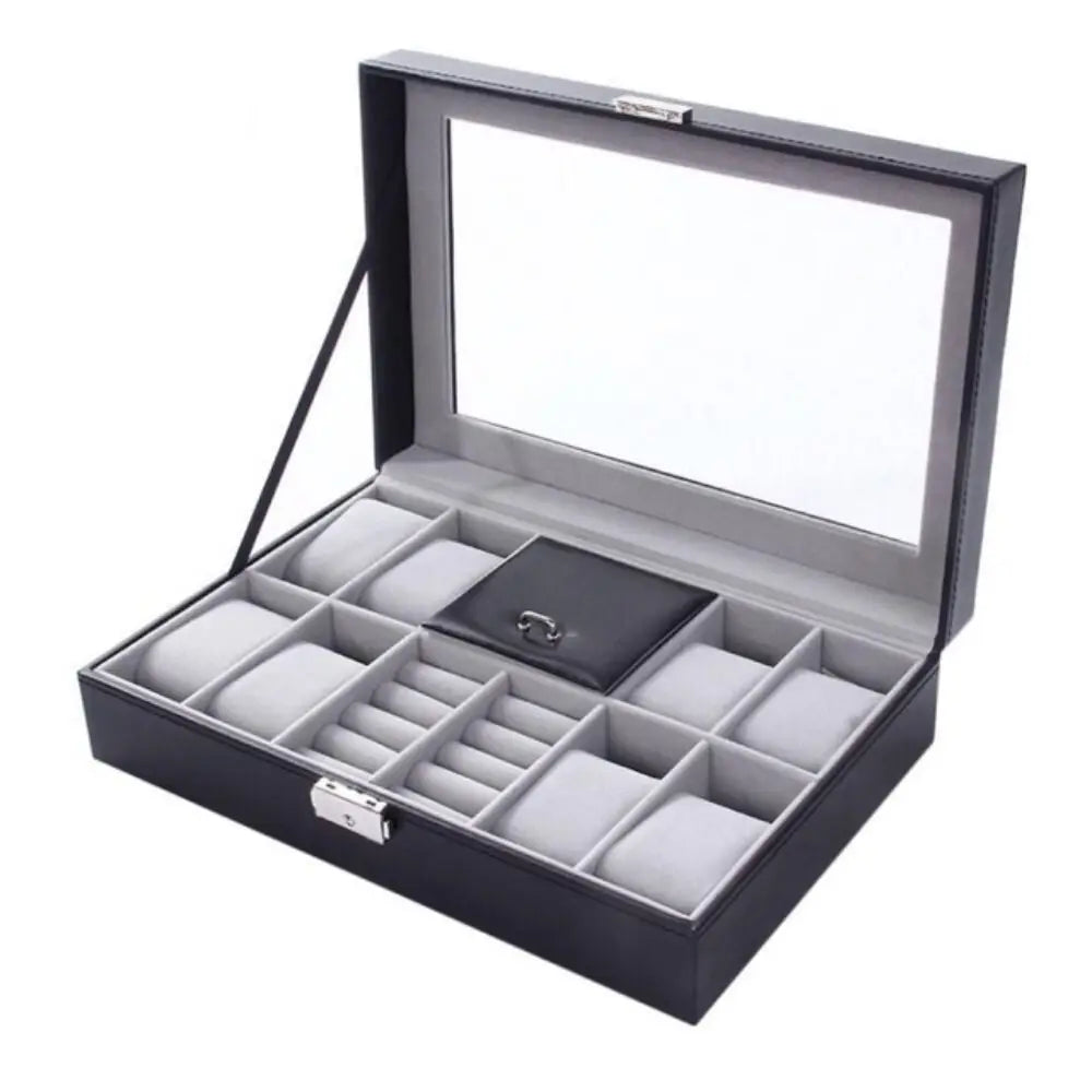 High Quality PU Leather Watch Storage Organizer Box Large Capacity Transparent Lid Jewelry Display Box