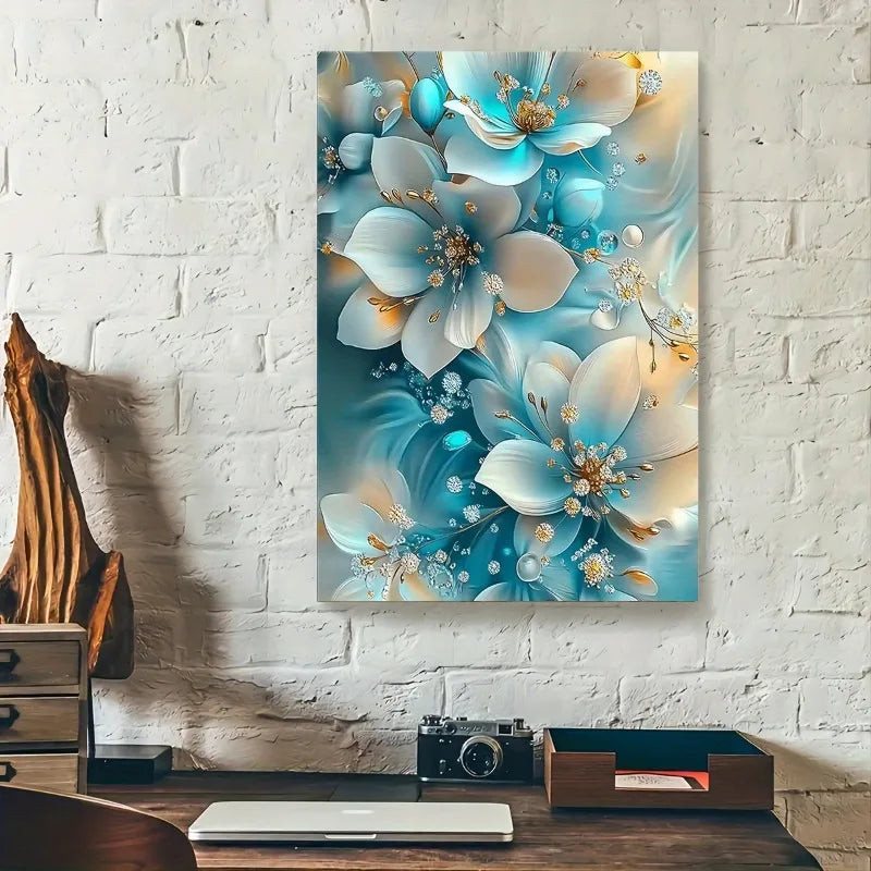 Elegant Oil Painting Artwork Framed Serene Blue and White Flowers with Gold Accents Perfect for Living Room Bathroom Decoration