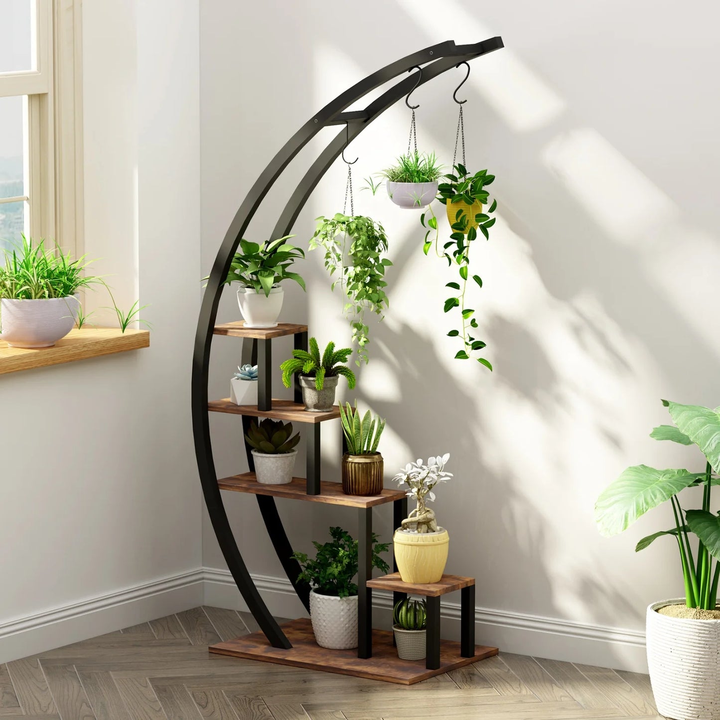 Plant Stand Indoor Outdoor 2 Pcs Metal Plant Shelf Tall Plants Holder with Plants Hanger Flower Display Rack for Garden Balcony