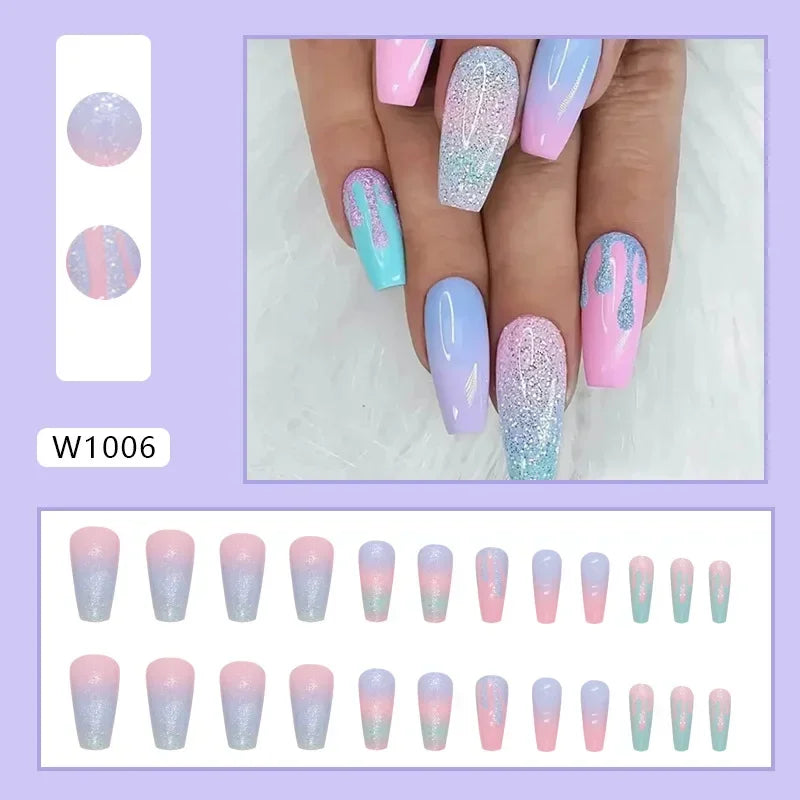 24Pc Set Pink Blue Gradient Long Ballet Press On Nails