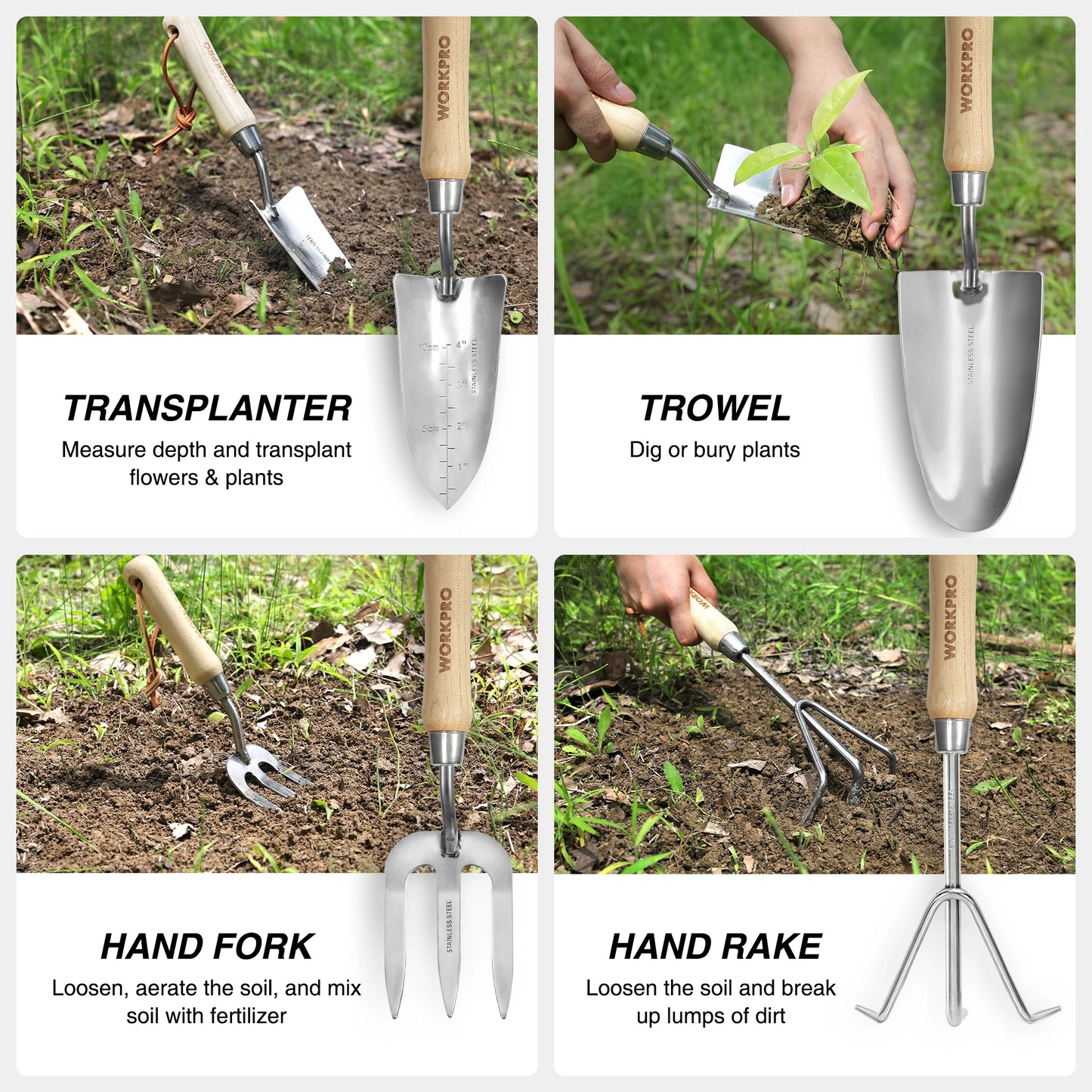 Workpro 8 Piece Pink Garden Tool Set Stainless Steel Gardening Tools with Wood Handle Garden Tote Gloves Trowel