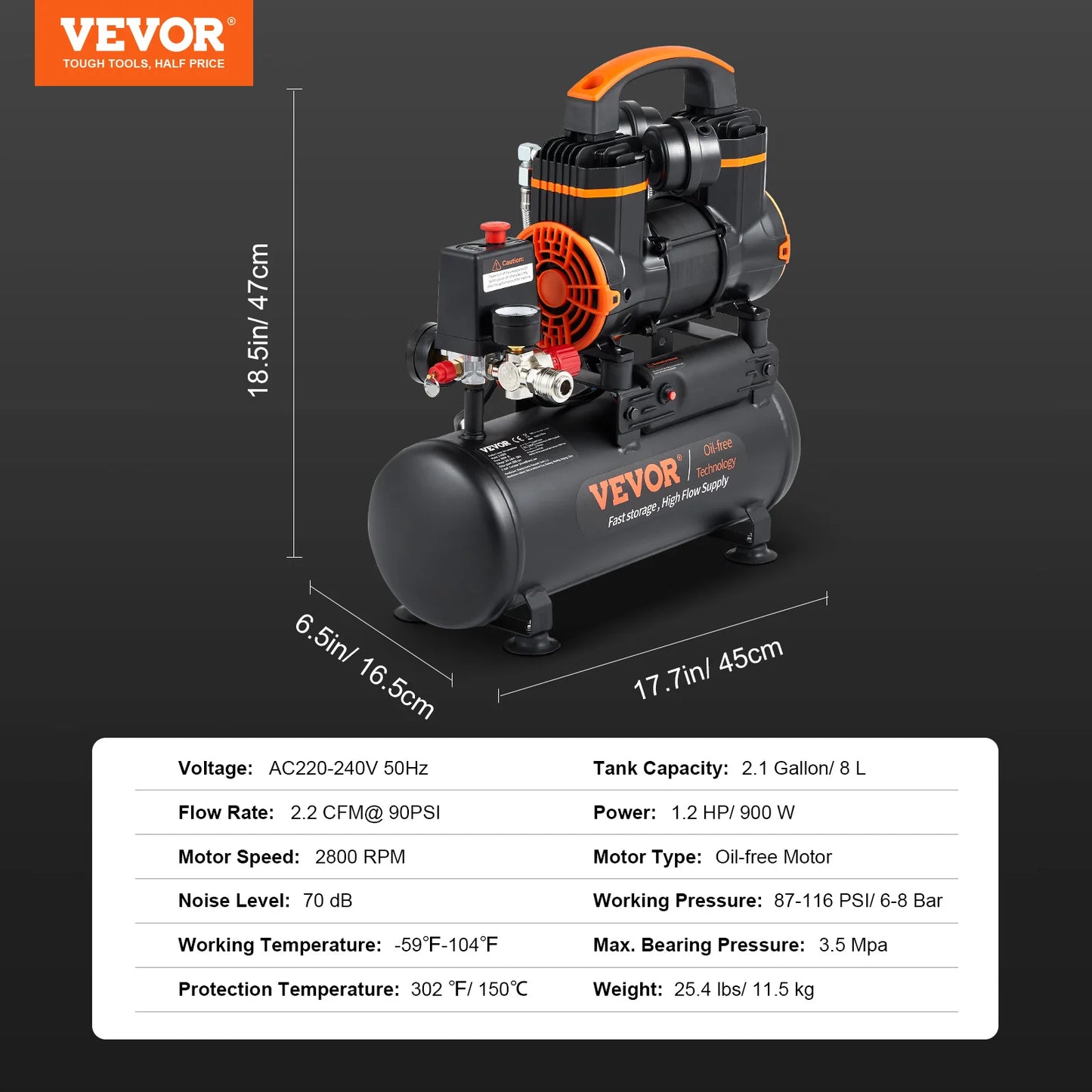 VEVOR Silent Air Compressor 9L 18L 24L 35L Quiet Oil Free Portable Air Pump for Home Repair and Tire Inflation