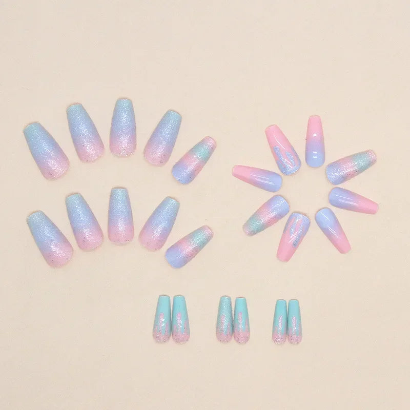 24Pc Set Pink Blue Gradient Long Ballet Press On Nails