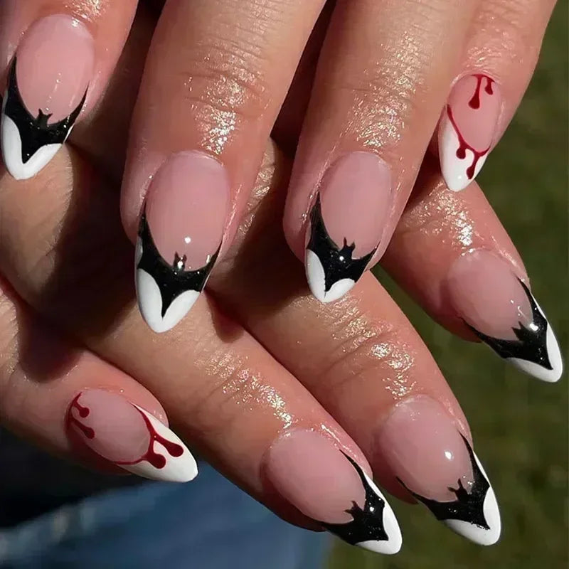 24 Pcs Almond Shape French False Nails with Glue Press On White Edge Design Simple Wearable Pink Stiletto Nail Tips
