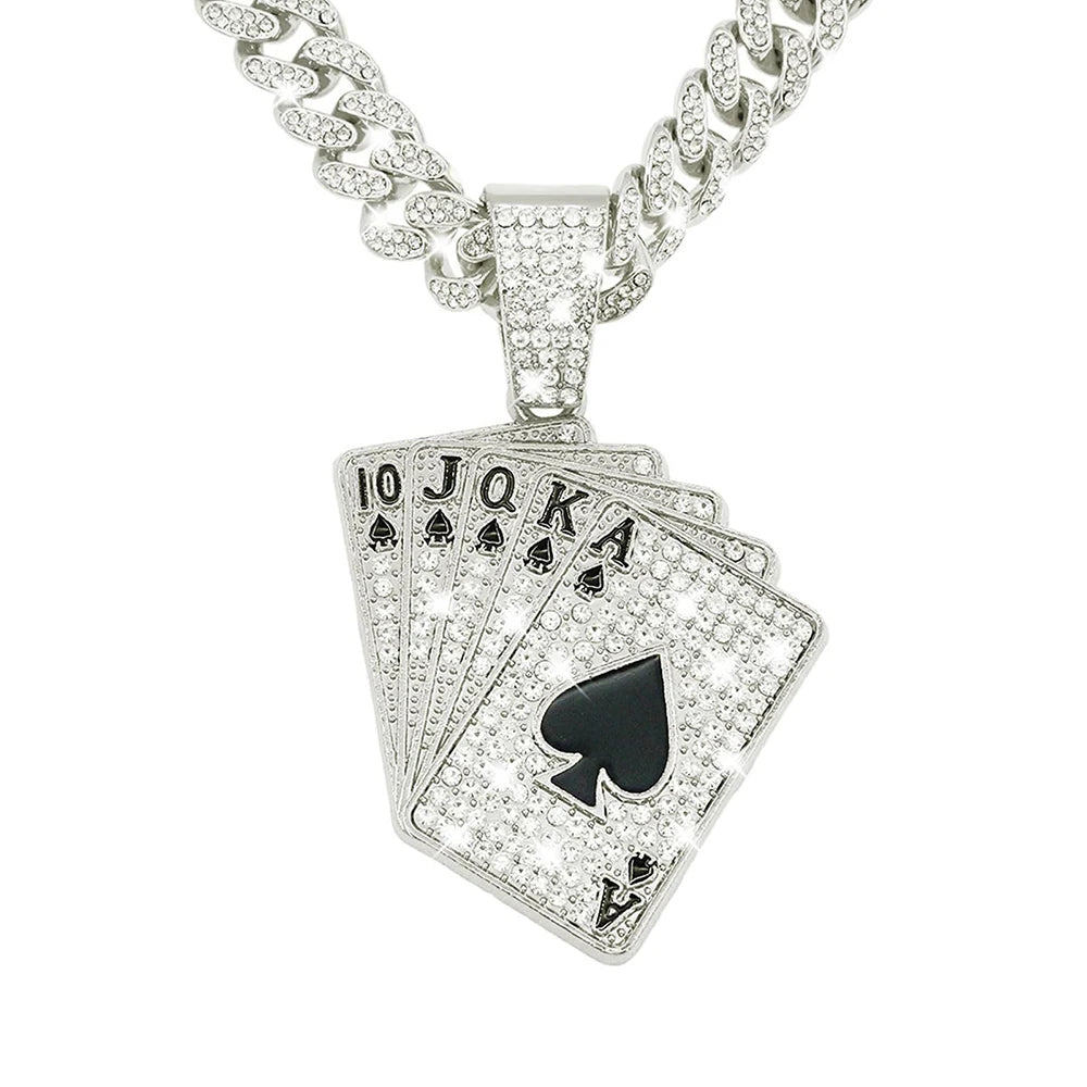 18K Gold Plated Hip Hop Iced Out Spades Playing Card Necklace Men's Personalized Street Rock Trend Jewelry