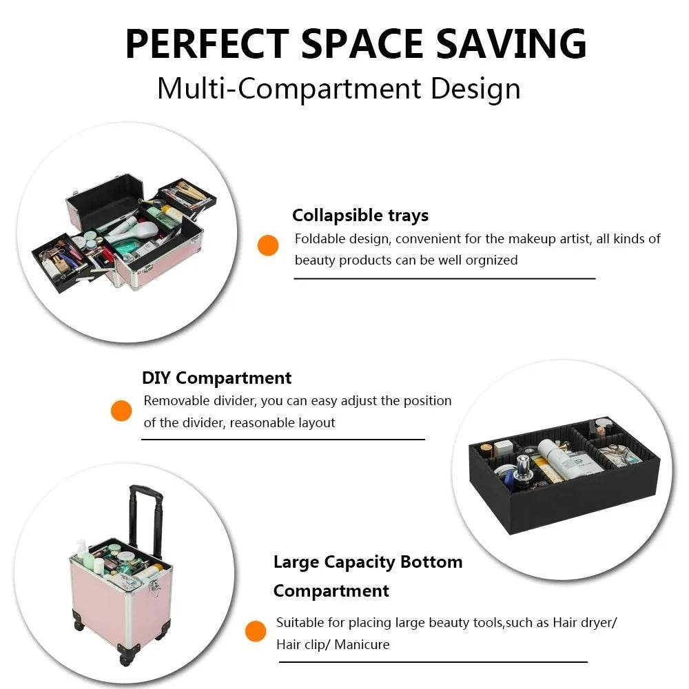4in1 Rolling Aluminum Makeup Train Case With Wheels