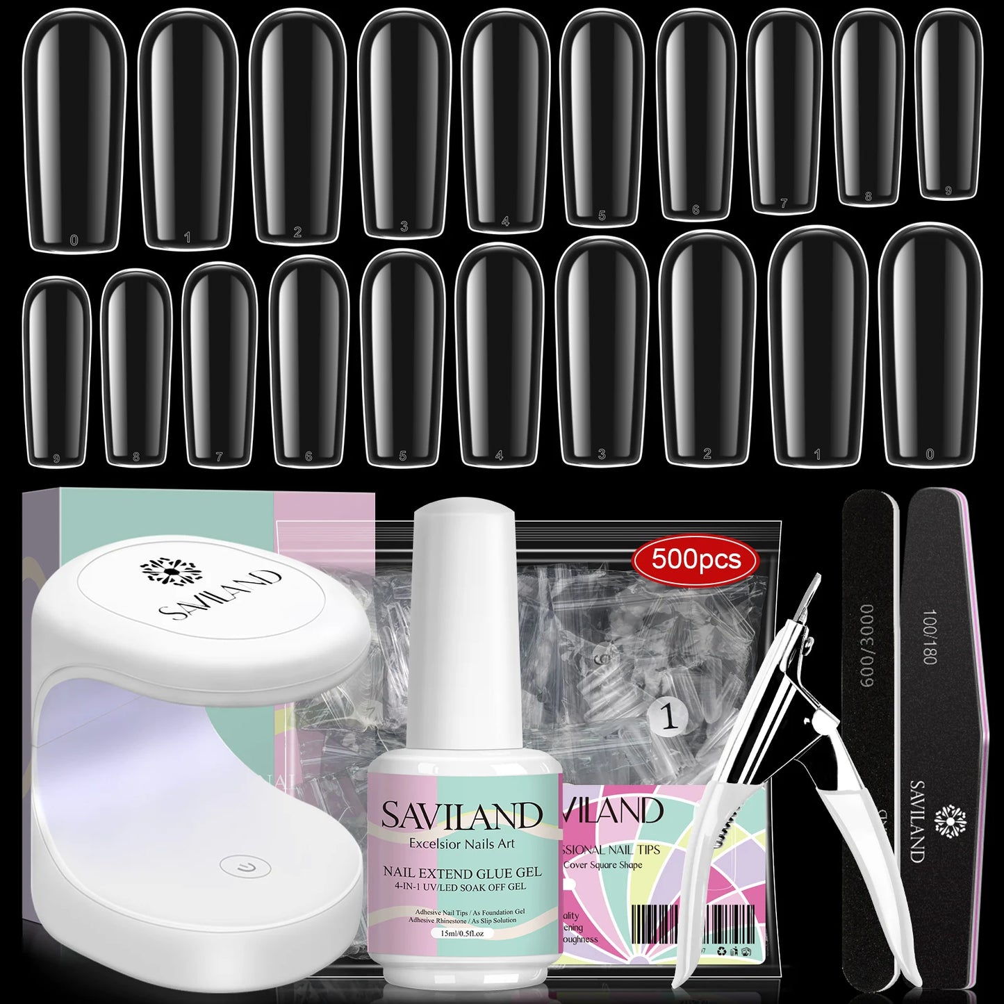 Saviland 500pcs Gel X Nail Kit With UV LED Lamp Almond Tips