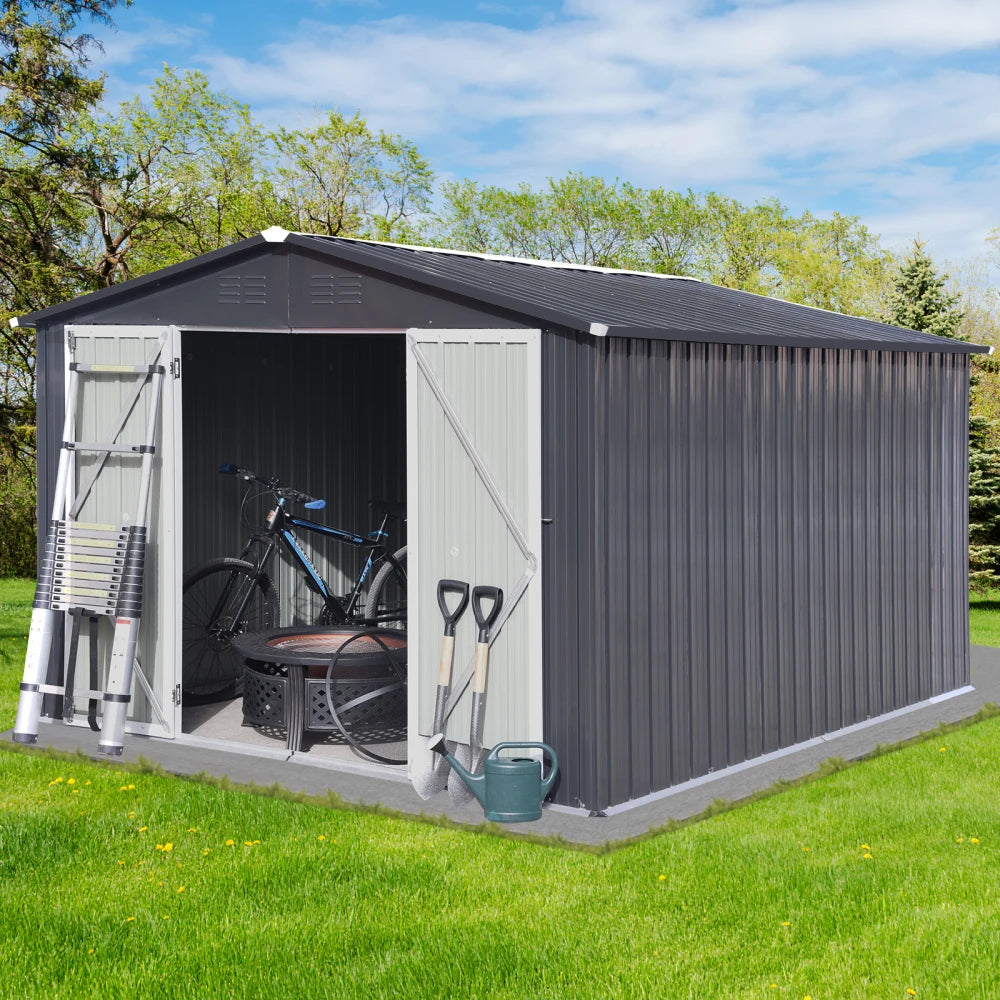 10ft x 12ft Garden Shed with Updated Frame Structure and Lockable Doors Metal Tool Storage for Backyard and Patio