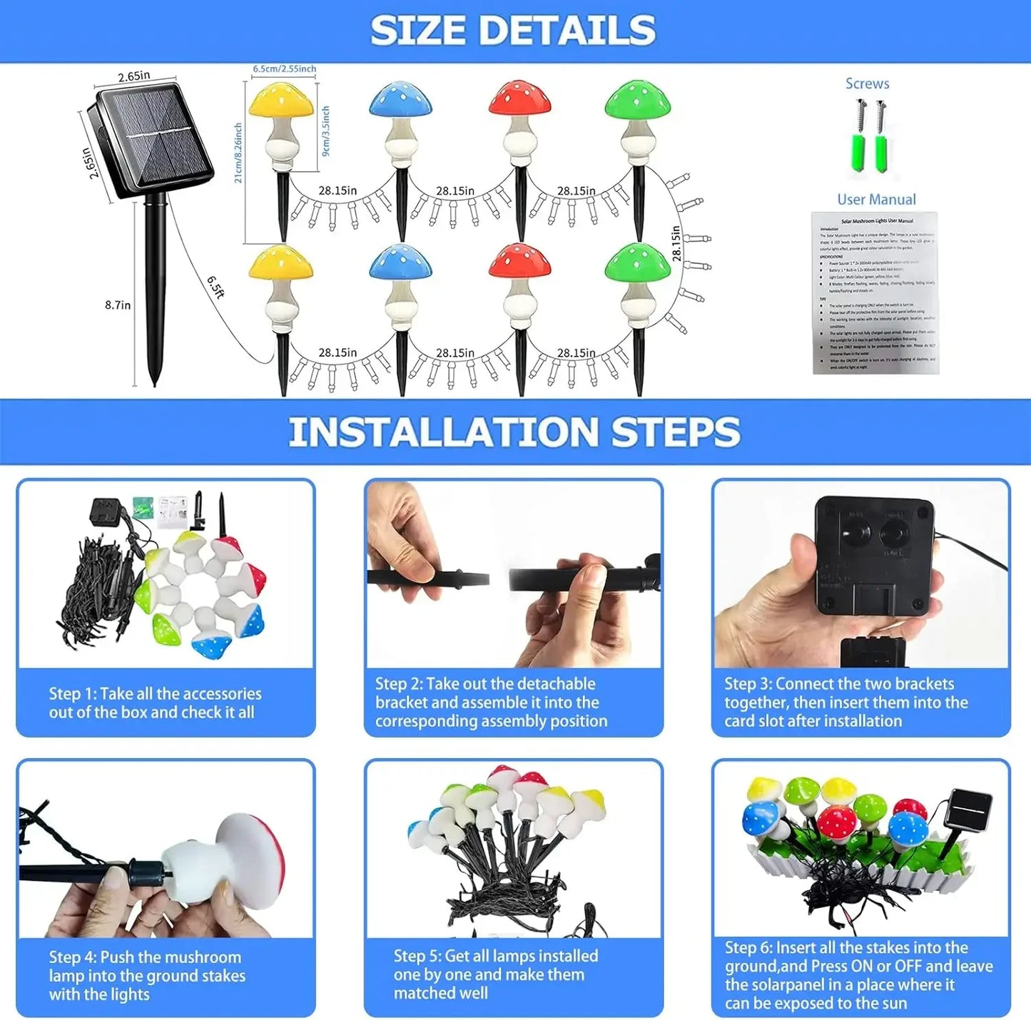 8 Pieces Set Outdoor Mushroom Solar Garden Lights 50 LED 8 Modes Waterproof Fairy String Light for Yard Patio Decor
