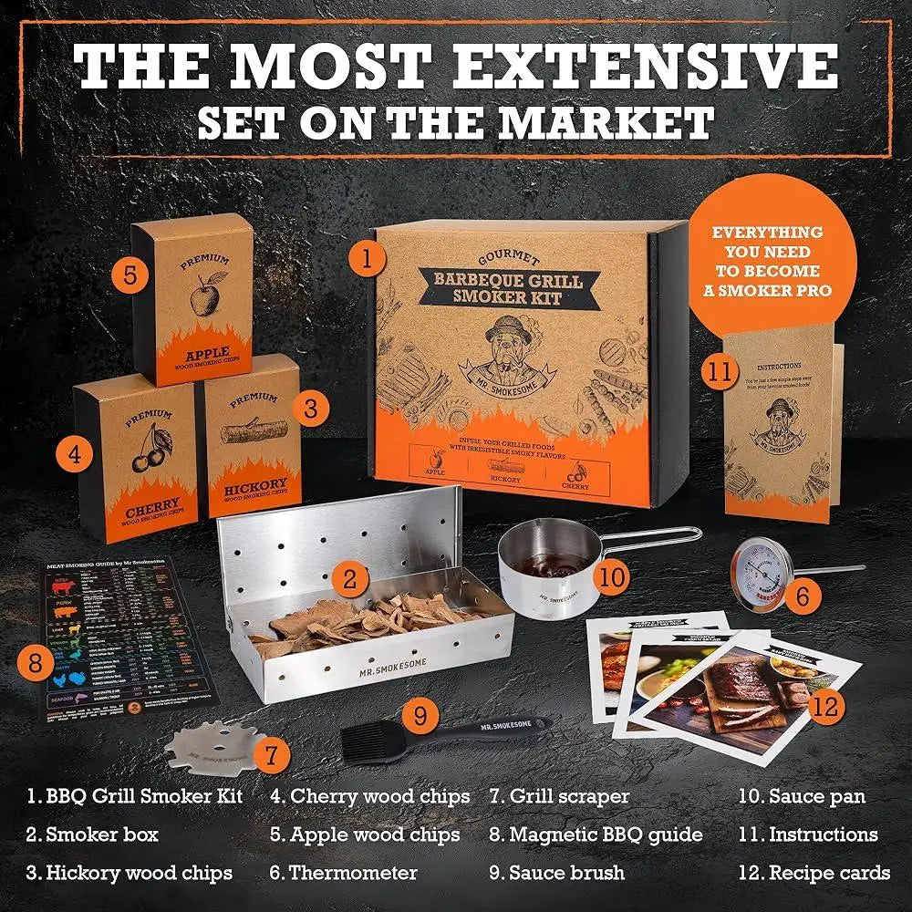 Wood Smoked BBQ Grill Set 12 Pieces Smoker Box Grill Accessories Premium Stainless Steel Meat Thermometer and Chips
