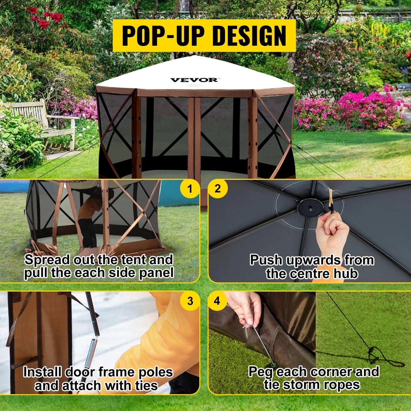 VEVOR Pop Up Camping Gazebo Canopy Shelter 6 Sided 12 x 12 10 x 10 Sun Shade Tents and Canopies for Camping and Hiking