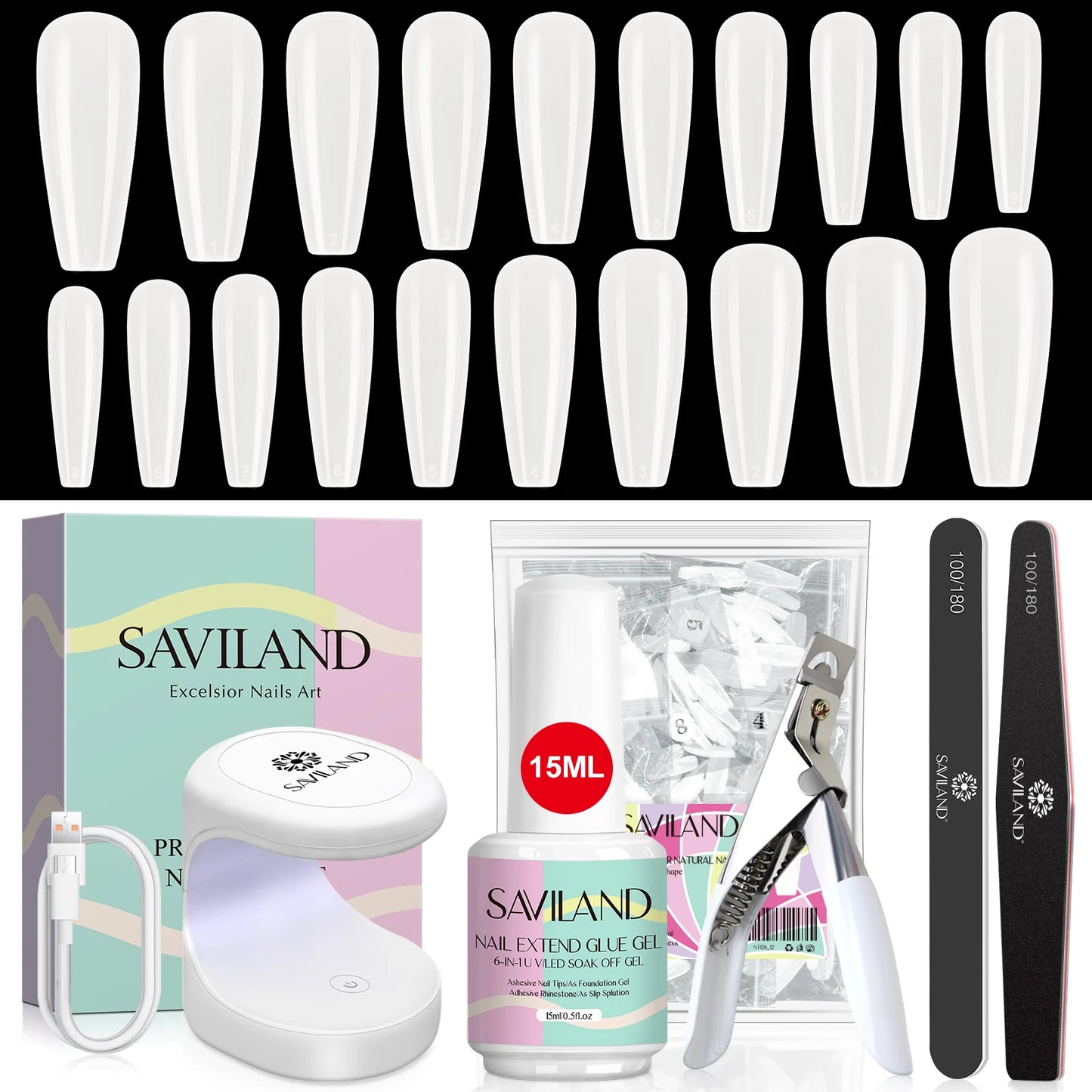 Saviland 500pcs Gel X Nail Kit With UV LED Lamp Almond Tips