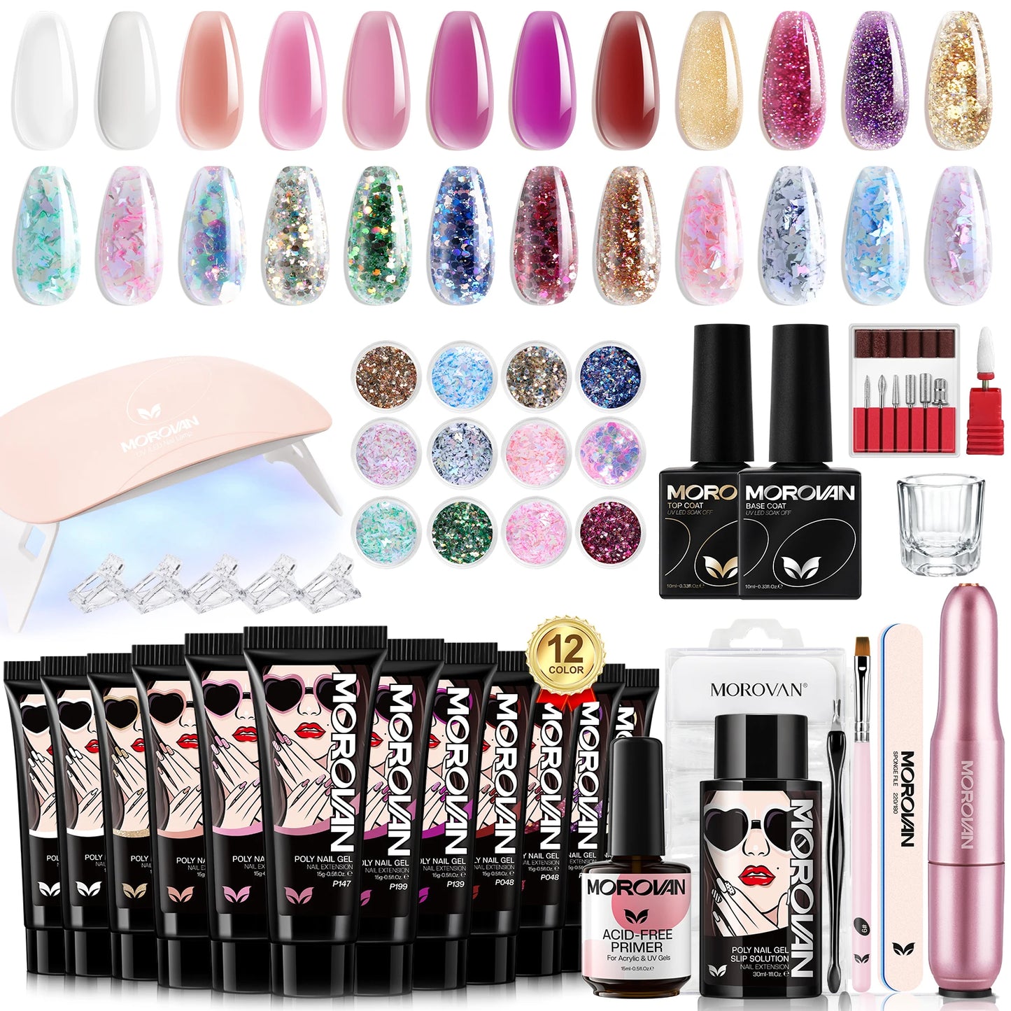 Morovan Poly Nail Gel Kit - 12 Colors Poly Gel Nail Kit with UV Light and Nail Drill for Beginners Poly Gel Extension Nail Kit