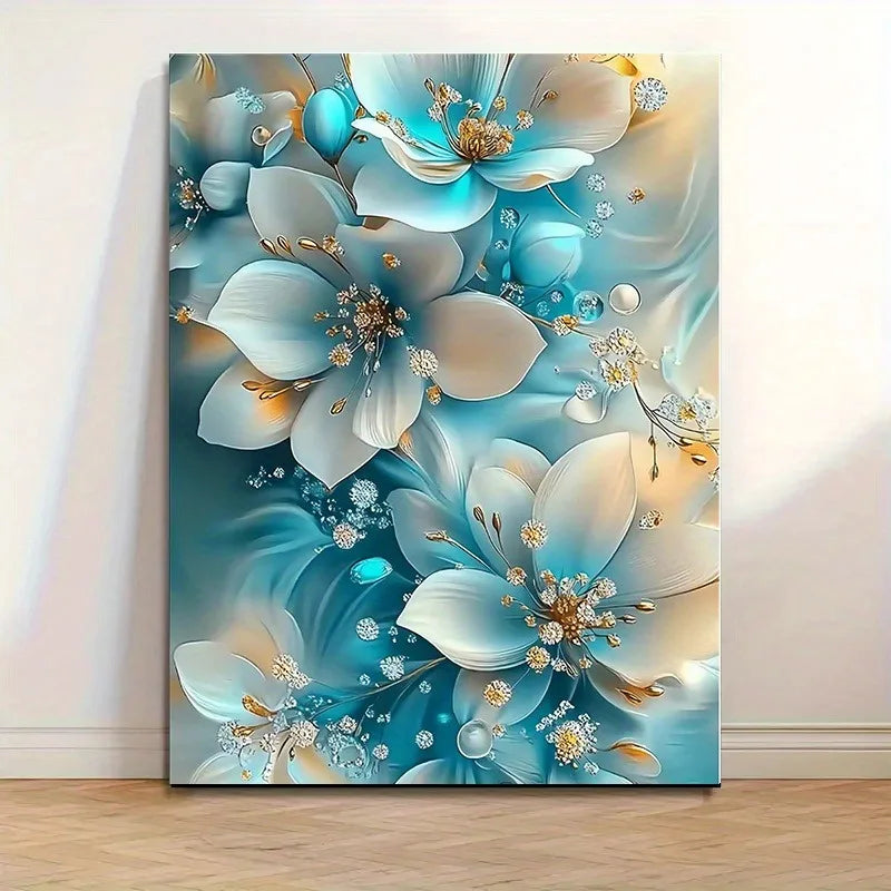 Elegant Oil Painting Artwork Framed Serene Blue and White Flowers with Gold Accents Perfect for Living Room Bathroom Decoration