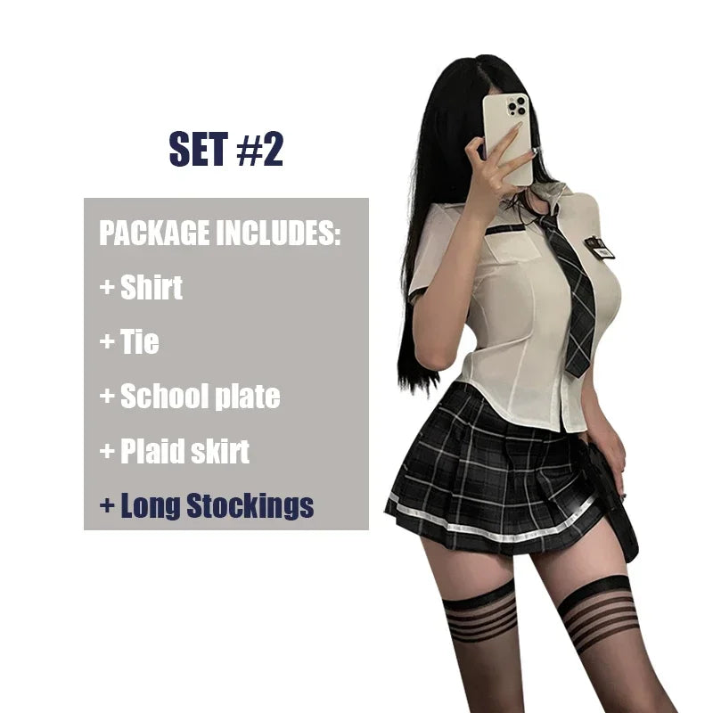 Sexy Plaid Print Preppy Uniform Cosplay Costume Women's Lingerie Naughty Striped Top & Skirt Underwear