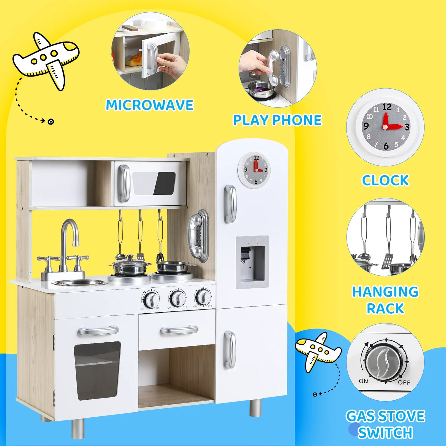 Kids Kitchen Playset, Preschool Cooking Kitchen, Toddler Wooden Pretend Play Toy w/Fridge, Stove, Cookware Utensil