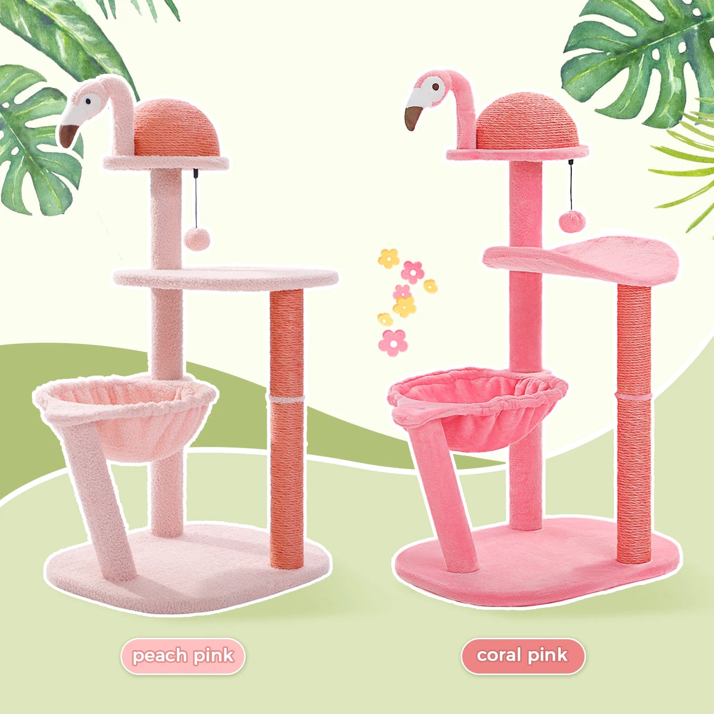 Multi-Level Flamingo Cat Tree with Scratching Posts, Hammock, Perch, Cute Cat Tower, Indoor Pink Cat Scratcher, Kittens Toys