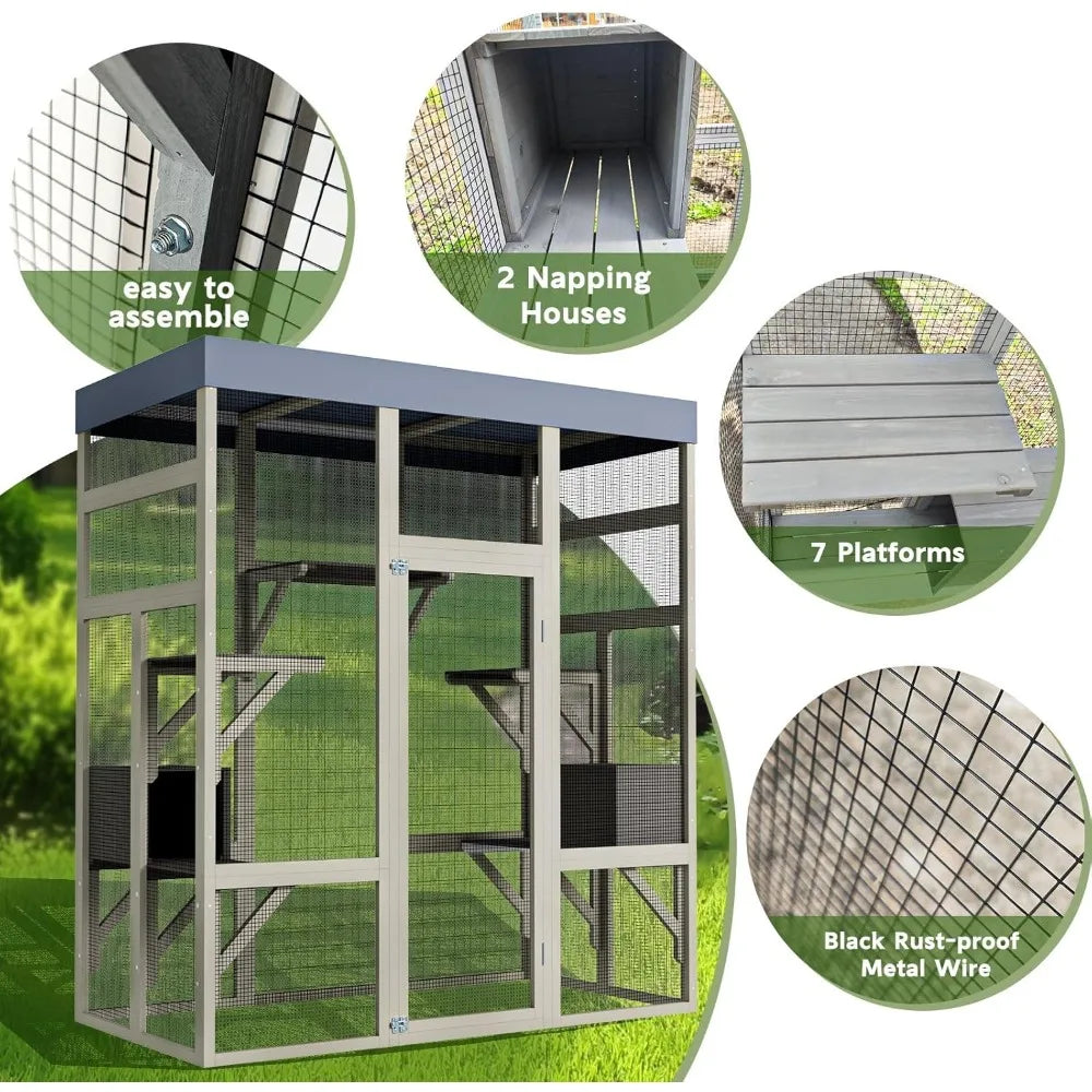 62.6" Spacious Wooden Catio Outdoor Enclosure with Waterproof Canopy, Secure House for Pets, Catio Outdoor Cat Cage Shelter, Gre