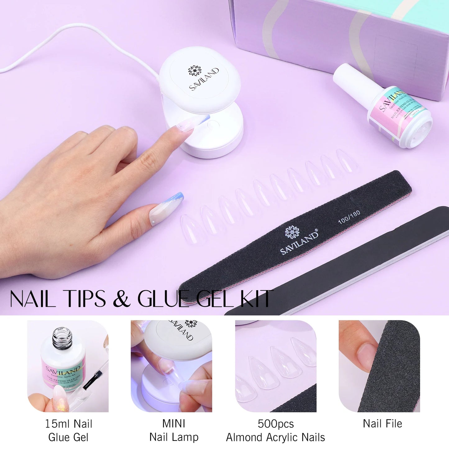 Saviland 500pcs Gel X Nail Kit With UV LED Lamp Almond Tips