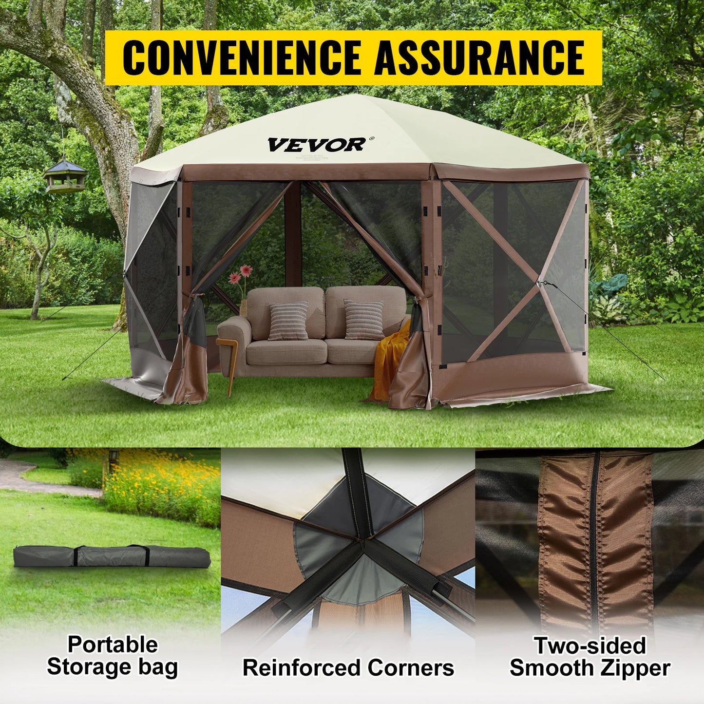 VEVOR Pop Up Camping Gazebo Canopy Shelter 6 Sided 12 x 12 10 x 10 Sun Shade Tents and Canopies for Camping and Hiking