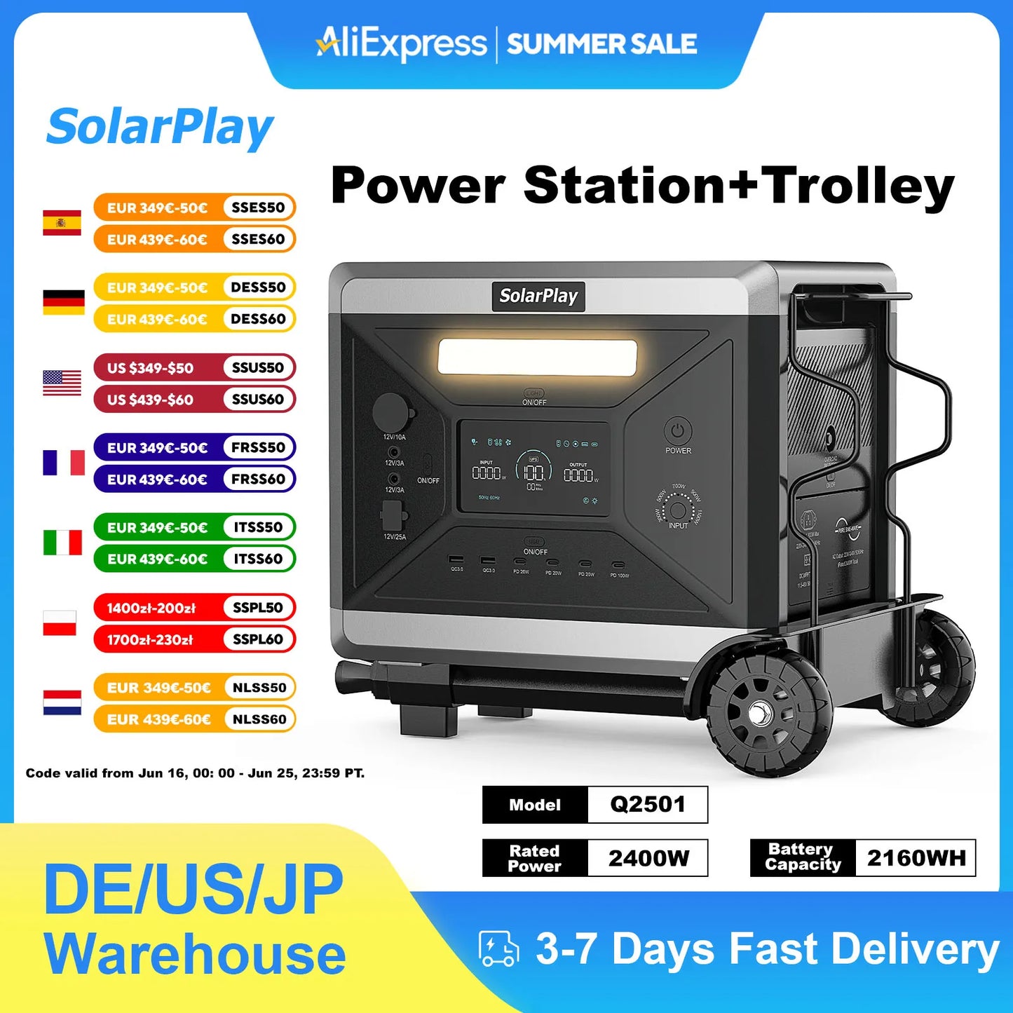 Solarplay Q2501 Power Station Portable Rechargeable 2400W Lifepo4 Battery UPS Function with Hand Trolley for Camping Equipment