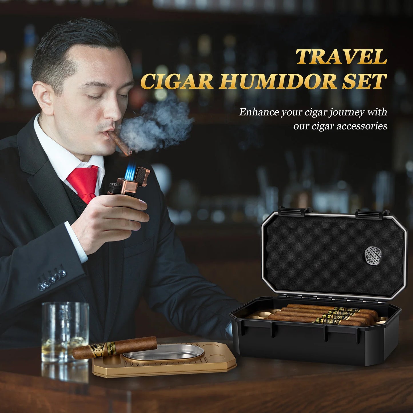 Portable Travel Cigar Humidor Set with Torch Lighter Ashtray Holder Humidifier and Hygrometer Cigar Accessories for Men Gift