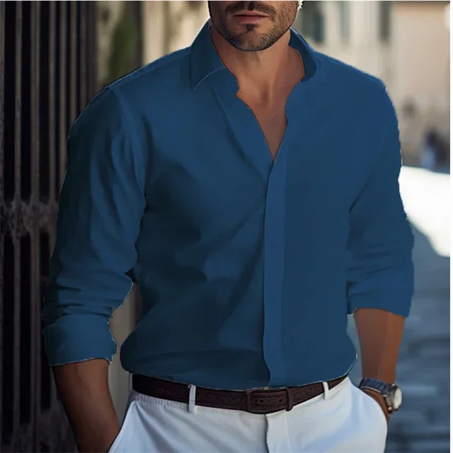 2024 Men's Formal Shirts Light Blue Black White Long Sleeves F Lapel Spring Autumn Business Casual Oversized 6XL