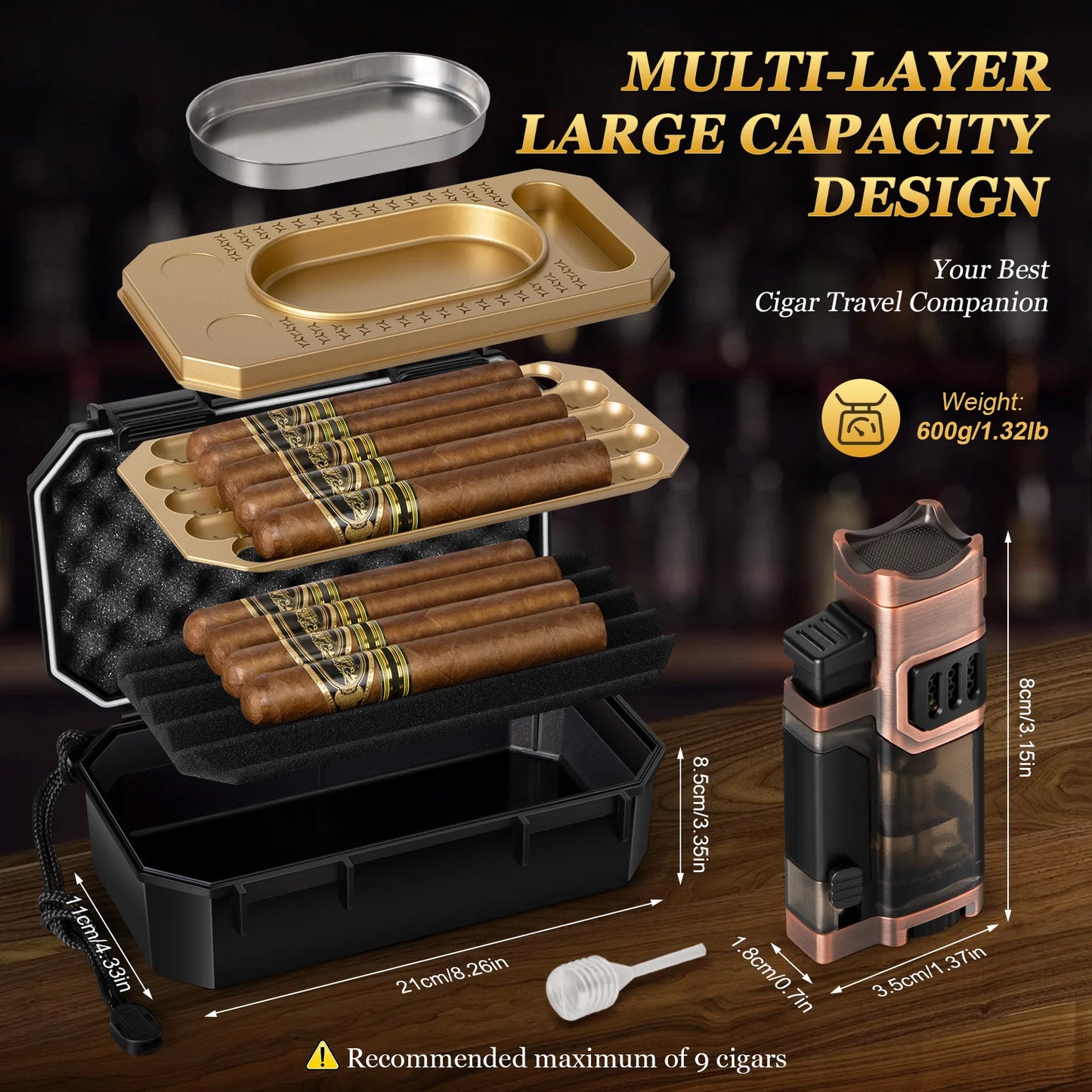 Portable Travel Cigar Humidor Set with Torch Lighter Ashtray Holder Humidifier and Hygrometer Cigar Accessories for Men Gift