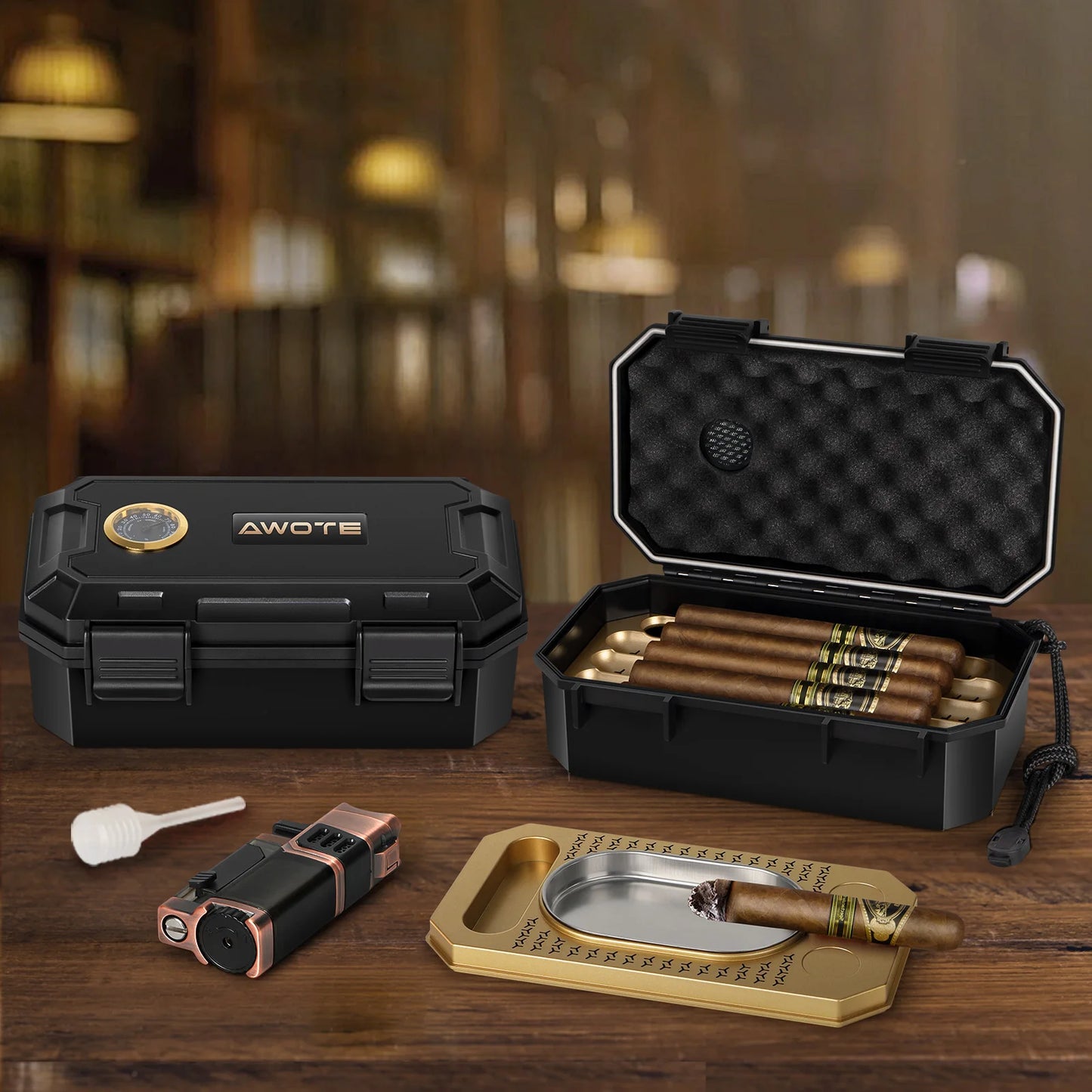 Portable Travel Cigar Humidor Set with Torch Lighter Ashtray Holder Humidifier and Hygrometer Cigar Accessories for Men Gift
