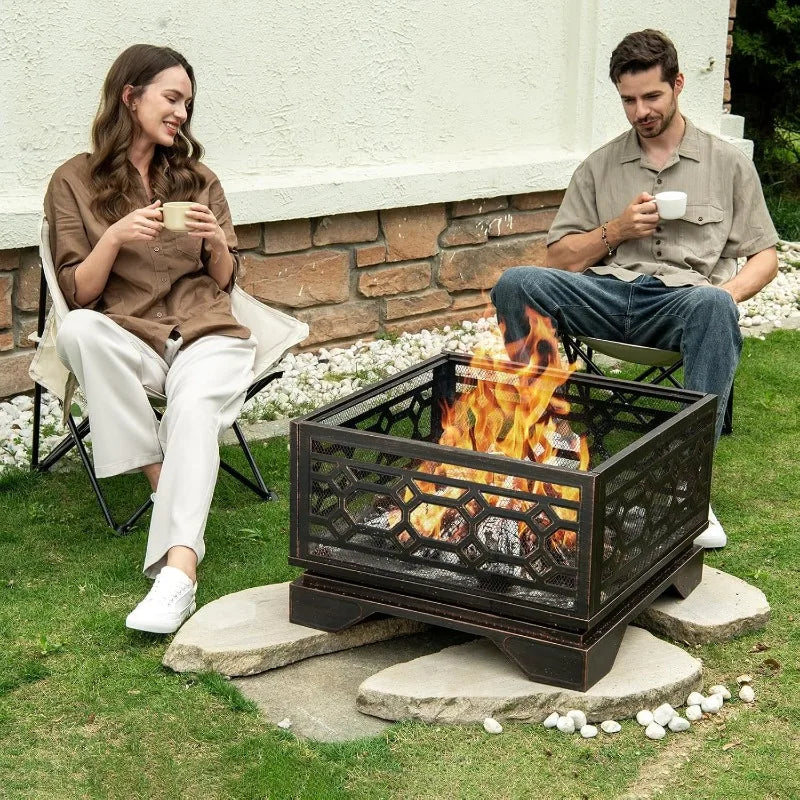 Large Square Metal Fireplace With Mesh Cover And Fire Poker For Patio Backyard Garden Bonfire Party