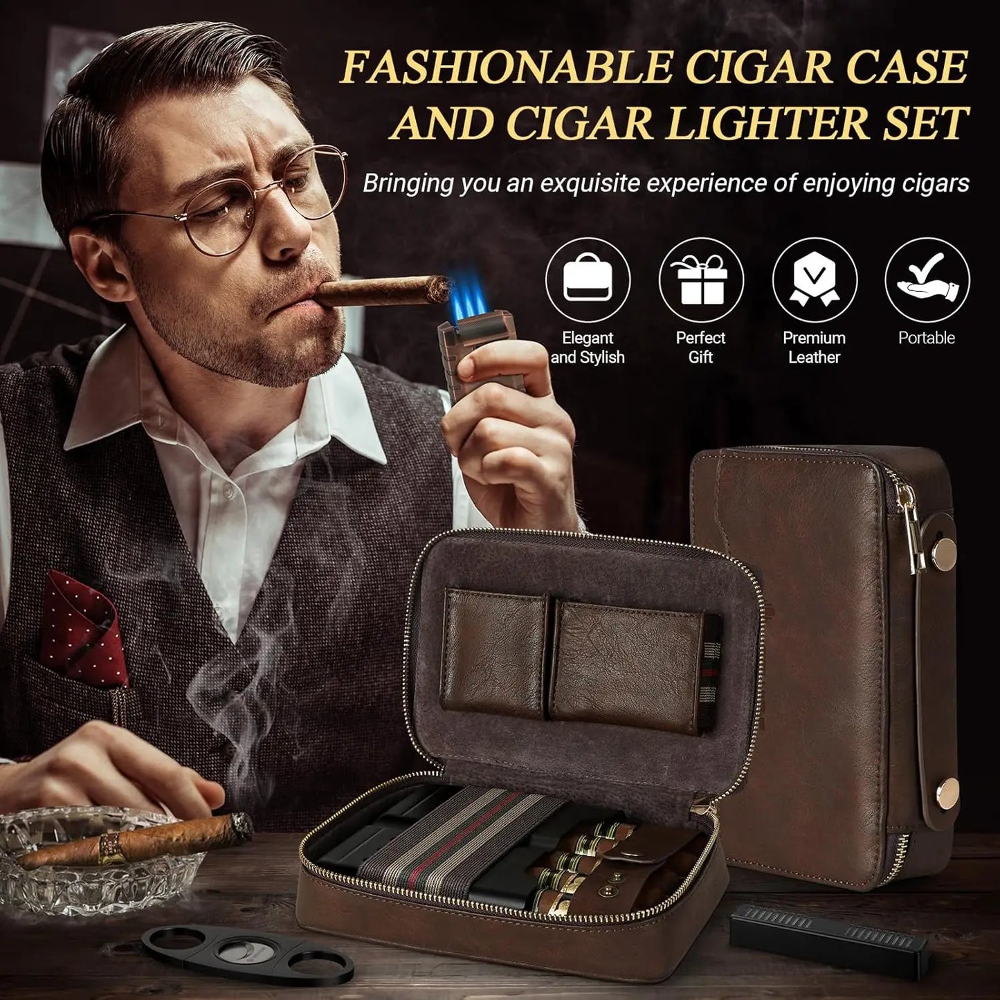 Leather Portable Travel Cigar Humidor Case with Lighter and Cutter Holds 5 Cigars Cigar Accessories for Men No Butane