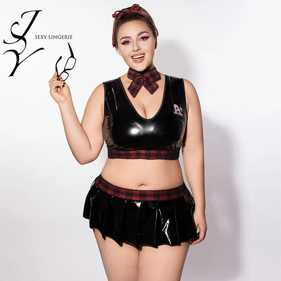JSY Sexy School Girl Cosplay Lingerie Women Underwear Plus Size Leather Top And Skirt Nightgown Sleepwear Sexy Role Play Outfit