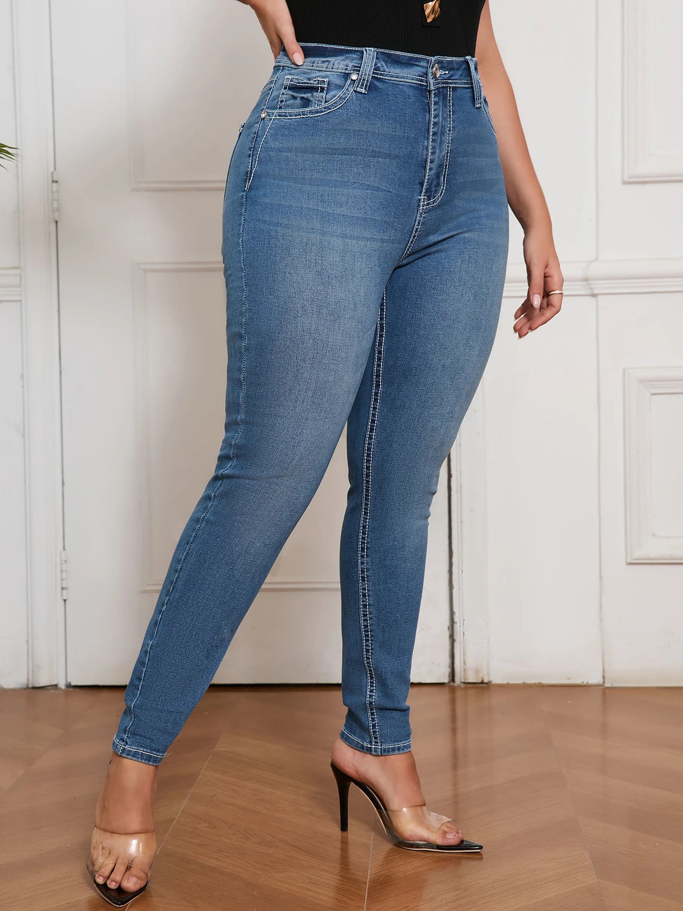 Plus Size Tummy Control Jeans Women High Rise Skinny Denim