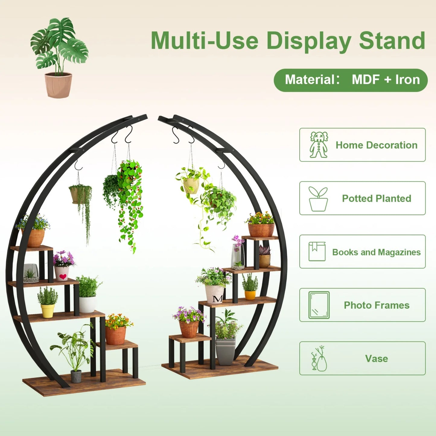 Plant Stand Indoor Outdoor 2 Pcs Metal Plant Shelf Tall Plants Holder with Plants Hanger Flower Display Rack for Garden Balcony