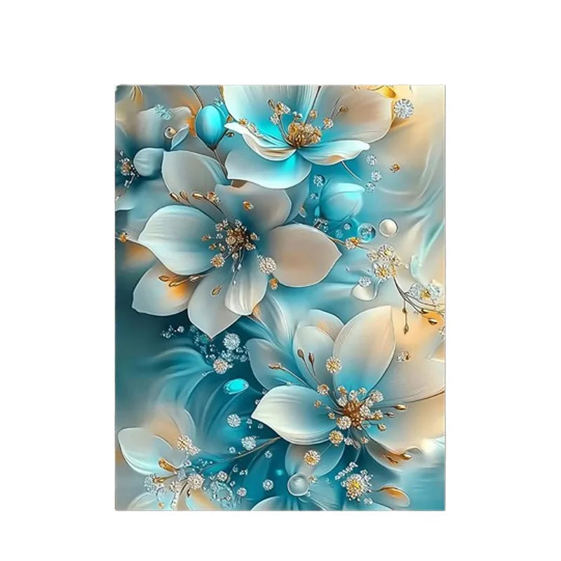 Elegant Oil Painting Artwork Framed Serene Blue and White Flowers with Gold Accents Perfect for Living Room Bathroom Decoration