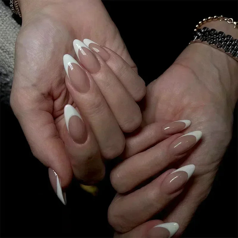 24 Pcs Almond Shape French False Nails with Glue Press On White Edge Design Simple Wearable Pink Stiletto Nail Tips