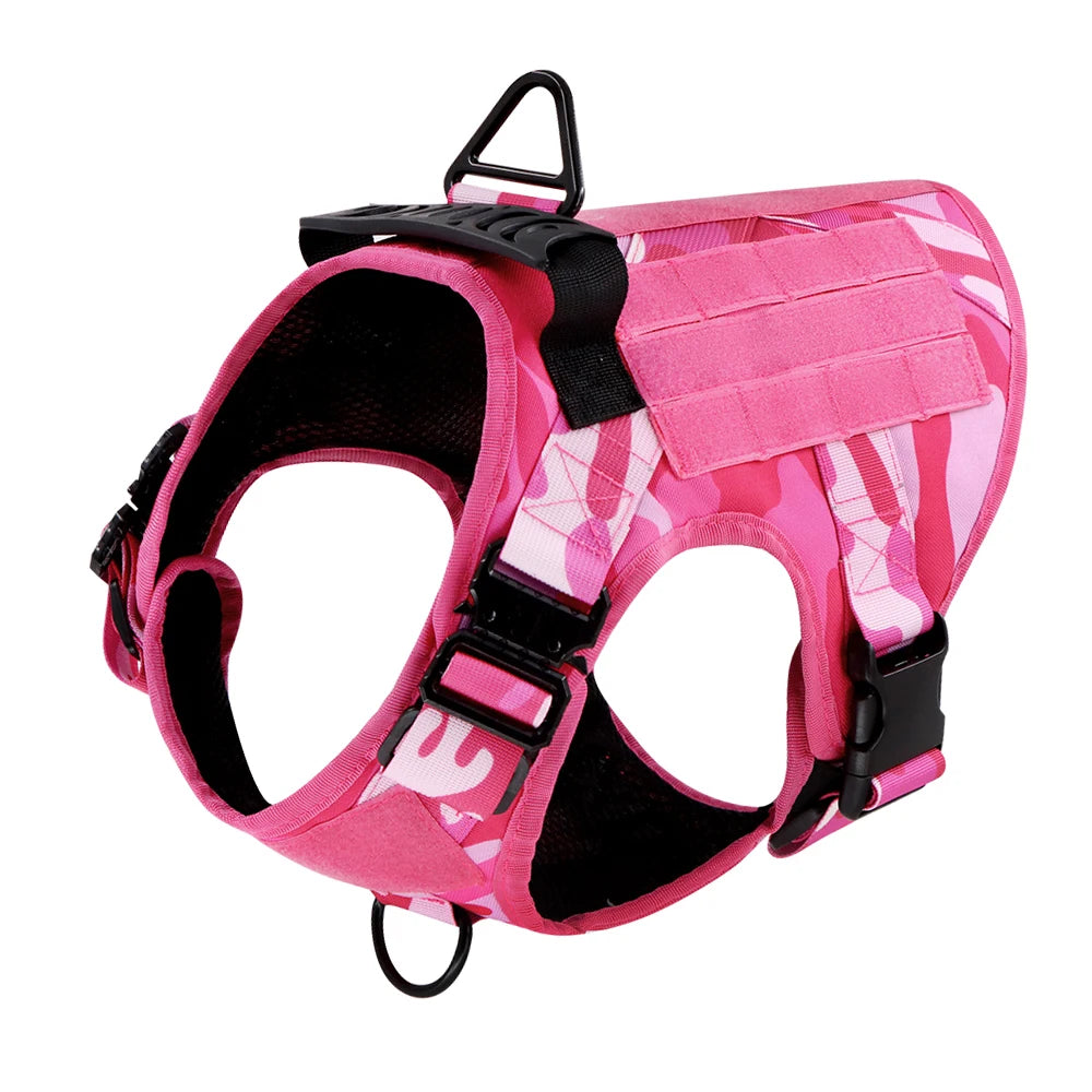 Military Dog Harness Set for Large Medium Dogs Adjustable Pink Tactical Training Vest with Collar and Leash