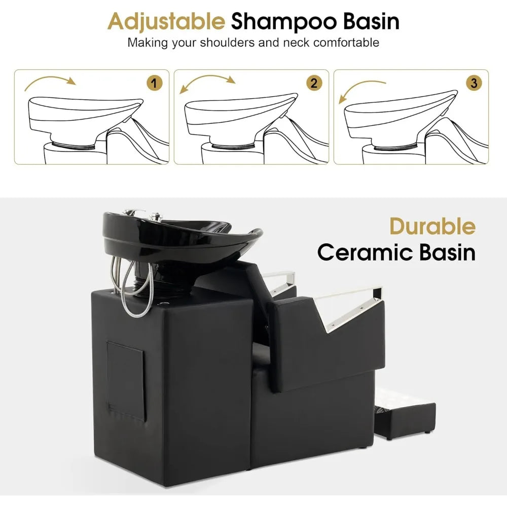 Shampoo Barber Classic Chair, Adjustable Ceramic Shampoo Bowl Sink Chair Station for Spa Beauty Salon 9080 (Black)