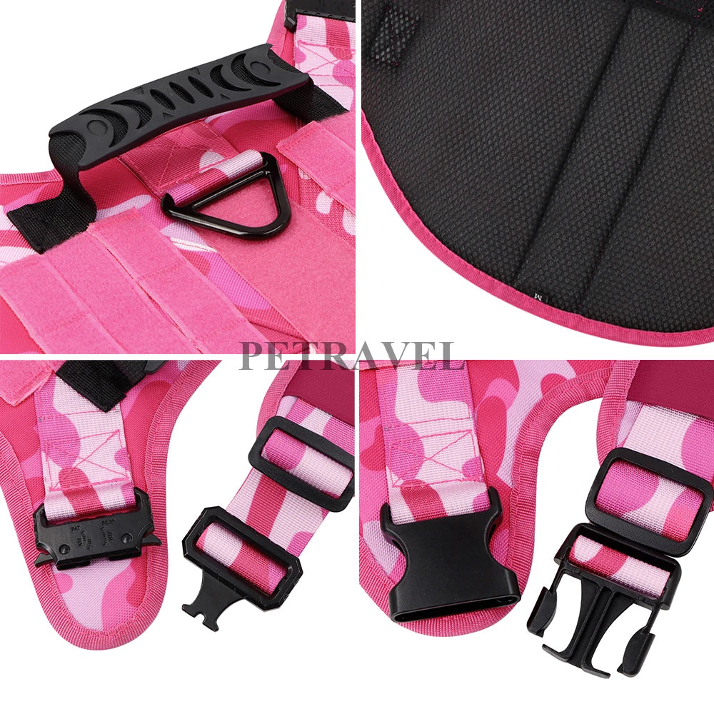 Military Dog Harness Set for Large Medium Dogs Adjustable Pink Tactical Training Vest with Collar and Leash