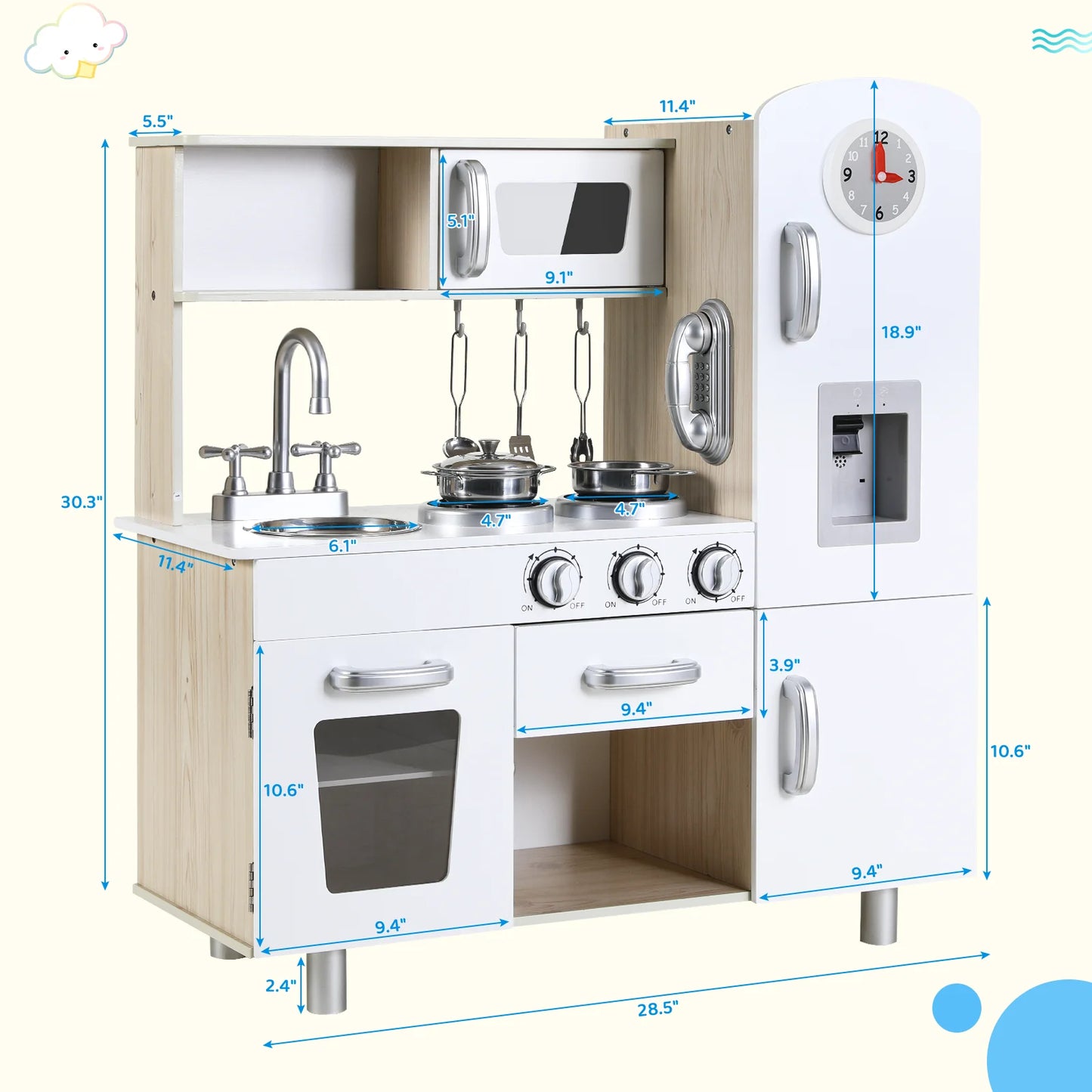 Kids Kitchen Playset, Preschool Cooking Kitchen, Toddler Wooden Pretend Play Toy w/Fridge, Stove, Cookware Utensil