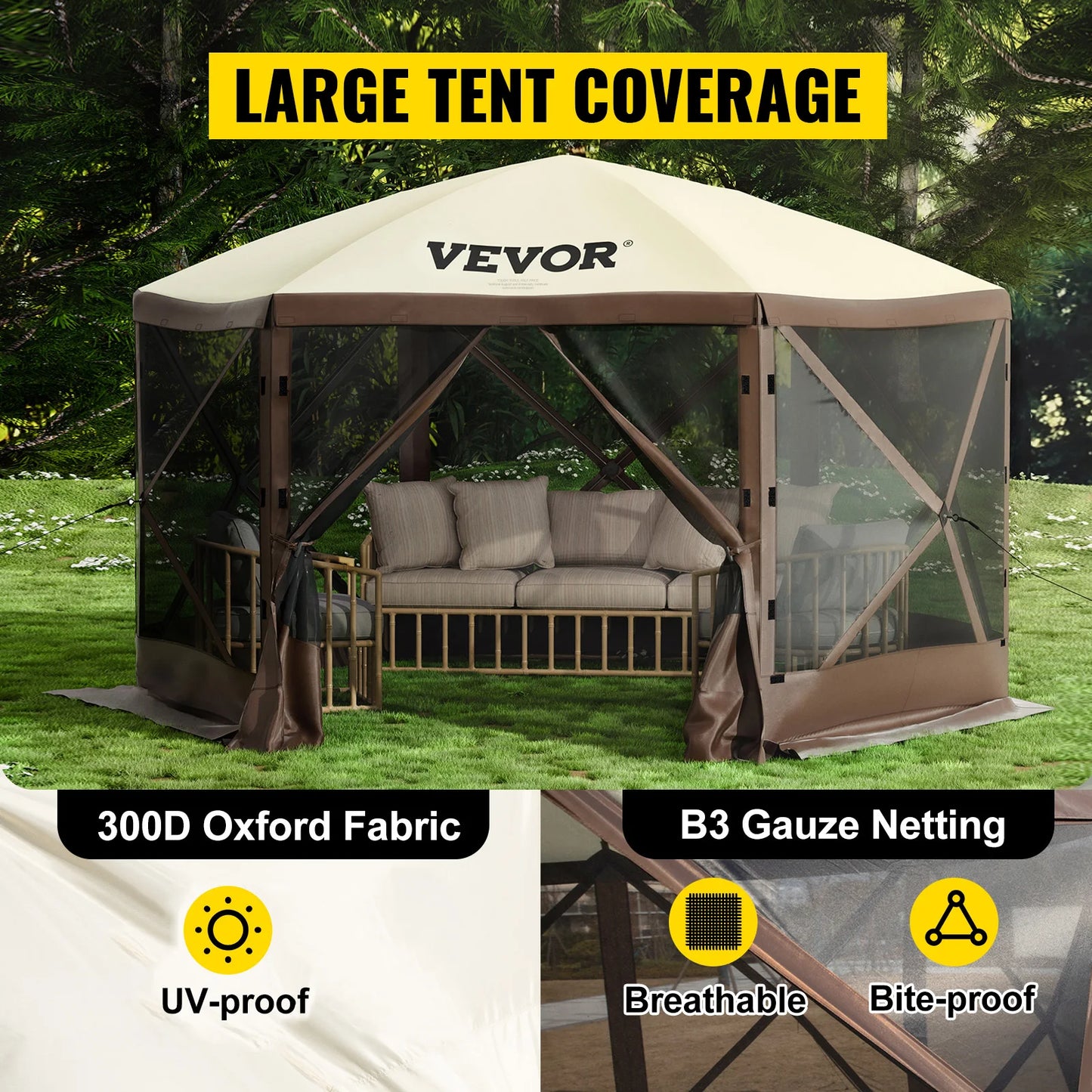 VEVOR Pop Up Camping Gazebo Canopy Shelter 6 Sided 12 x 12 10 x 10 Sun Shade Tents and Canopies for Camping and Hiking