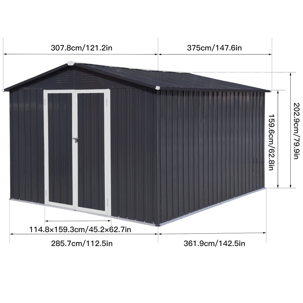10ft x 12ft Garden Shed with Updated Frame Structure and Lockable Doors Metal Tool Storage for Backyard and Patio