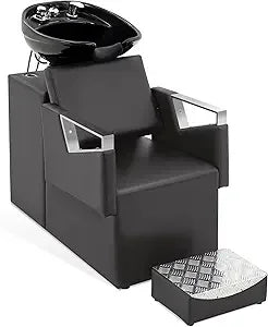 Shampoo Barber Classic Chair, Adjustable Ceramic Shampoo Bowl Sink Chair Station for Spa Beauty Salon 9080 (Black)
