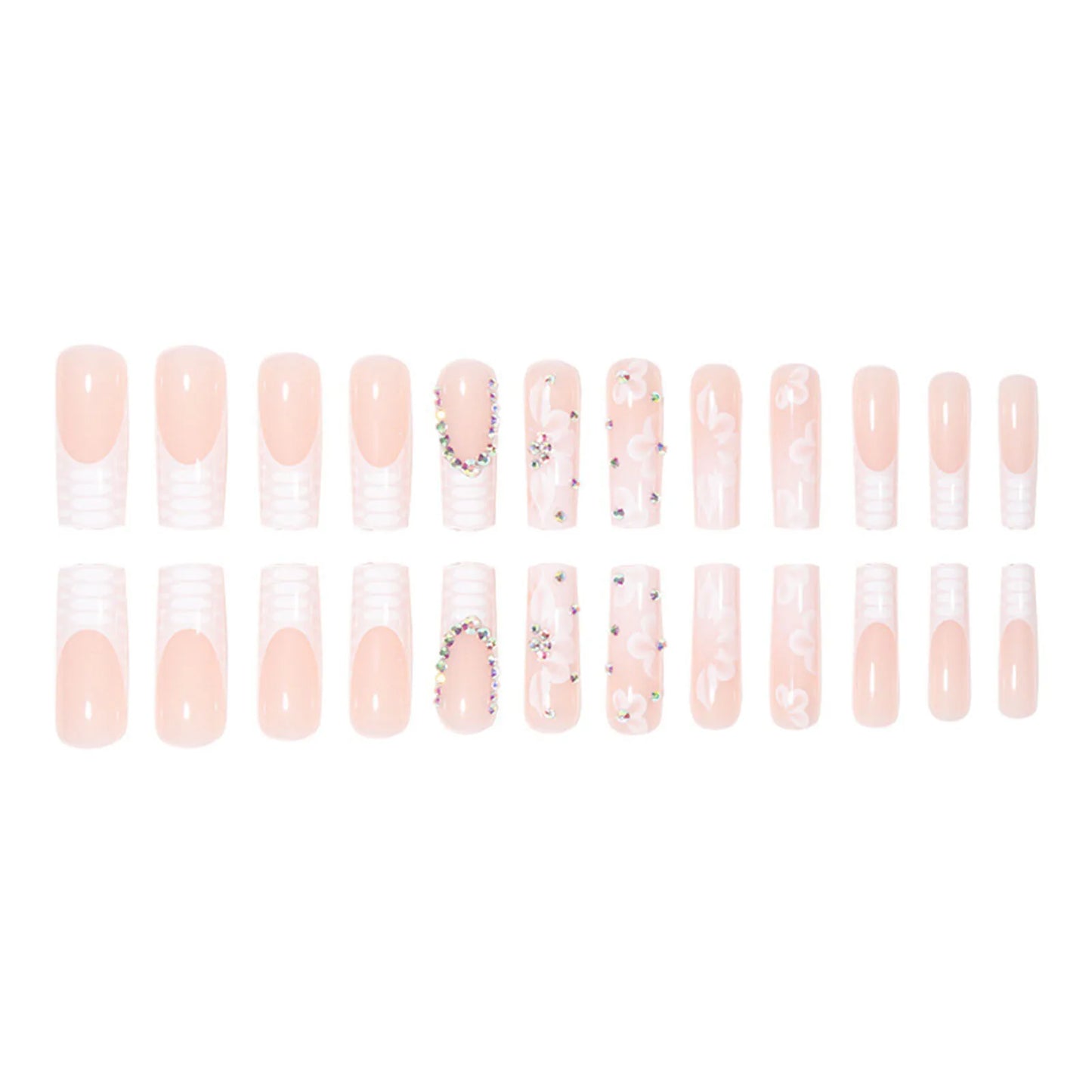 Rhinestone White Long Square Fake Nails UV Gel Set Party