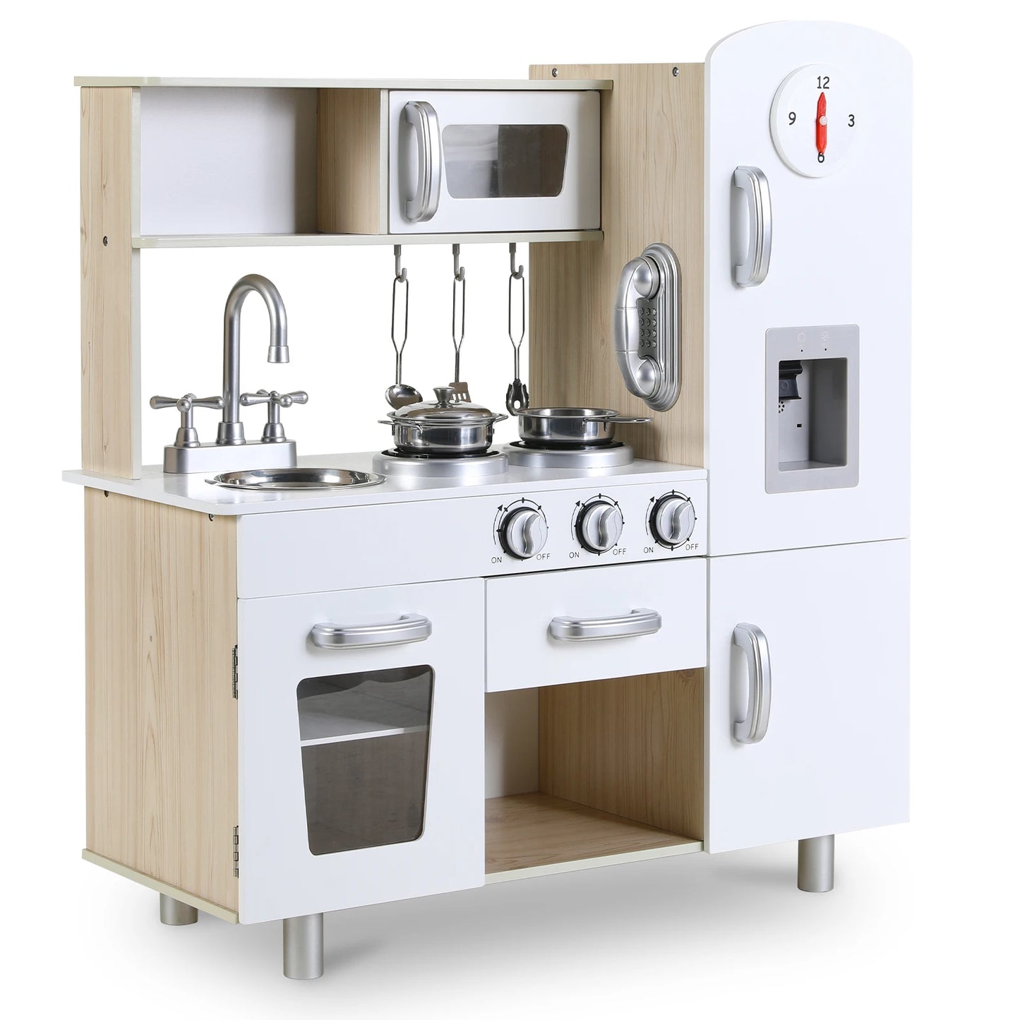 Kids Kitchen Playset, Preschool Cooking Kitchen, Toddler Wooden Pretend Play Toy w/Fridge, Stove, Cookware Utensil