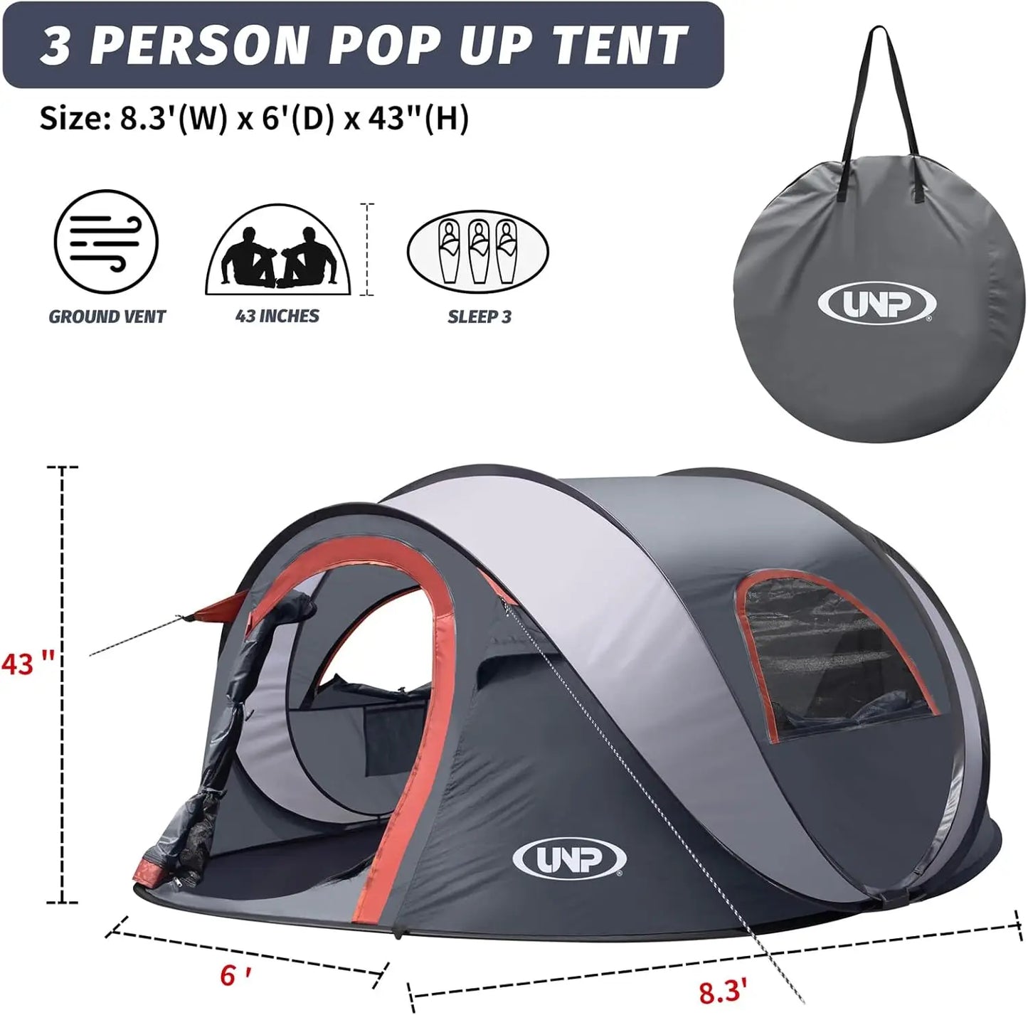 Pop Up Tent for 3 Person Camping Instant Portable Beach Tent Easy Pop Up Shade with 2 Doors for Camping and Hiking