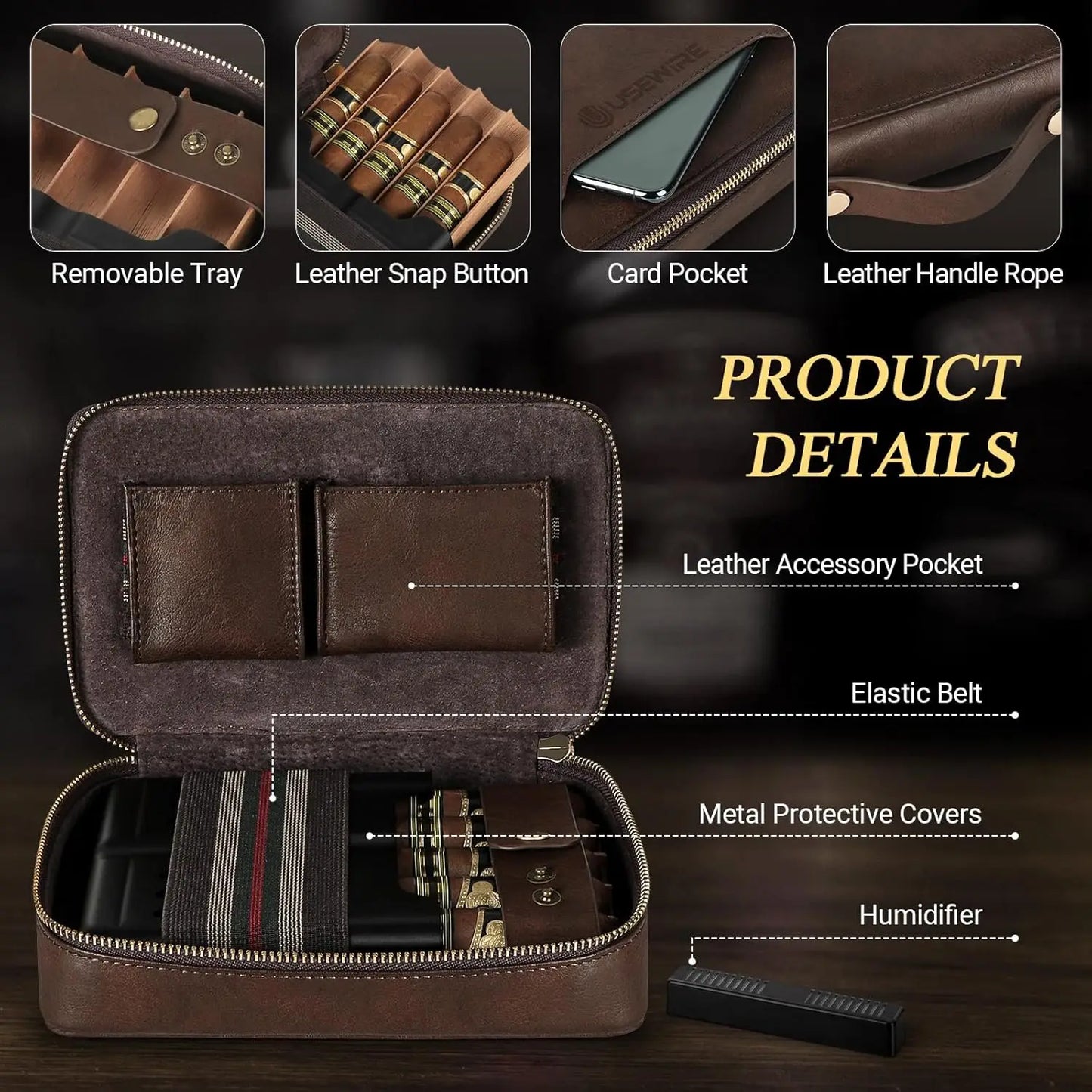 Leather Portable Travel Cigar Humidor Case with Lighter and Cutter Holds 5 Cigars Cigar Accessories for Men No Butane